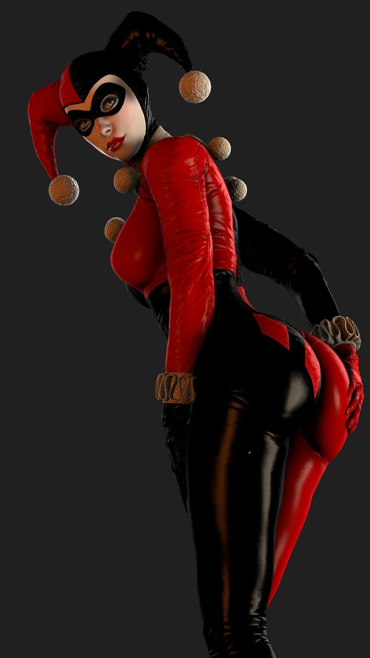 1girls, 3d, ass, batman (series), batman: arkham knight, black leather, blue eyes, bodysuit, breasts, clothed, clothed female, dc, dc comics, female, female only, hand on ass, hand on butt, hand on own ass, harley quinn, harley quinn (arkham knight), harley quinn (arkham), harley quinn (classic), jester hat, jester outfit, leather suit, looking at viewer, looking over shoulder, lordaardvark, non-nude, red leather, sexy pose, sideboob, simple background, solo, solo female