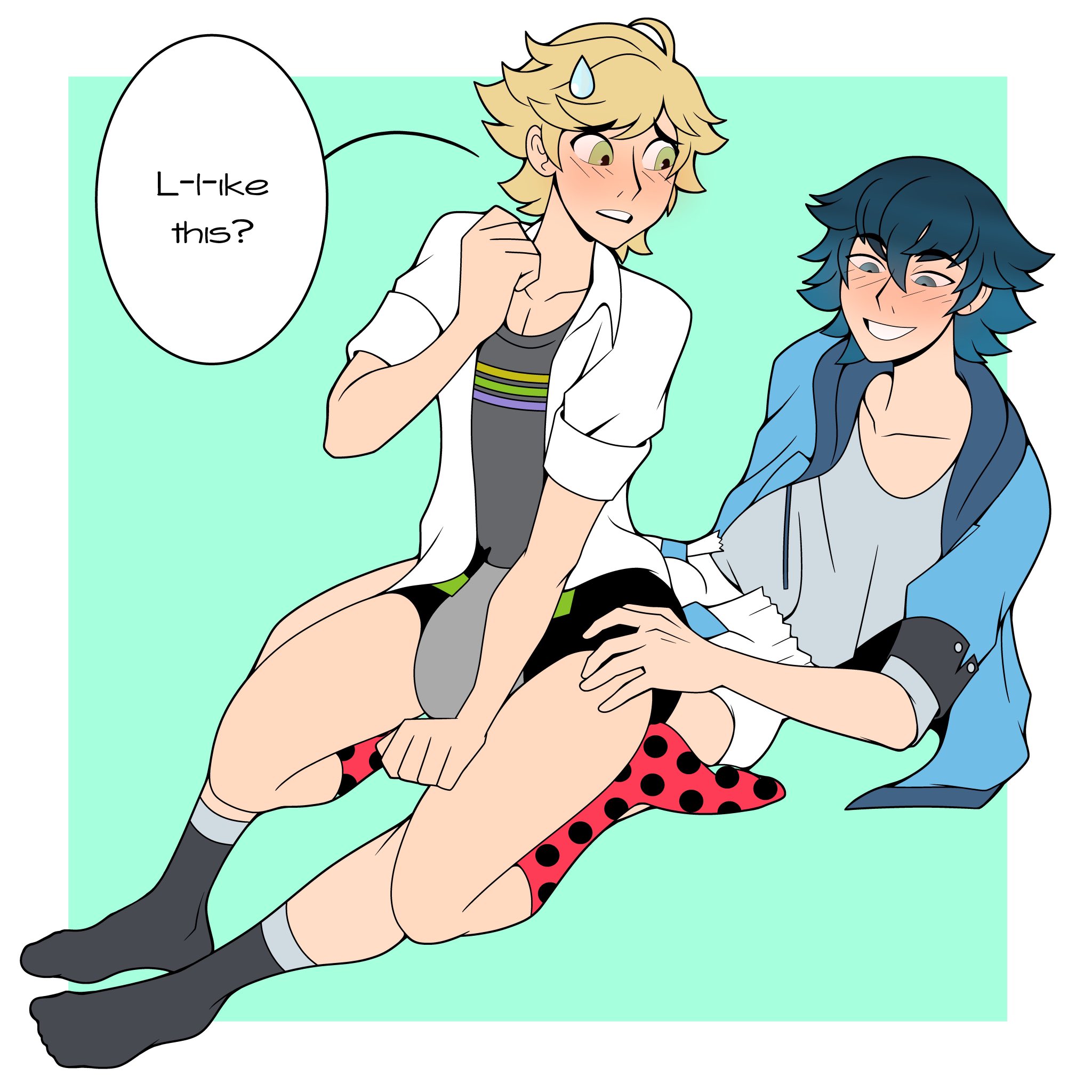 abdl, adrien agreste, blonde hair, blush, bulge, diaper, gay, hoodie, looking at partner, luka couffaine, male, male only, miraculous ladybug, shirt, sitting on person, socks, two-tone hair, yaoi, yuunsfw