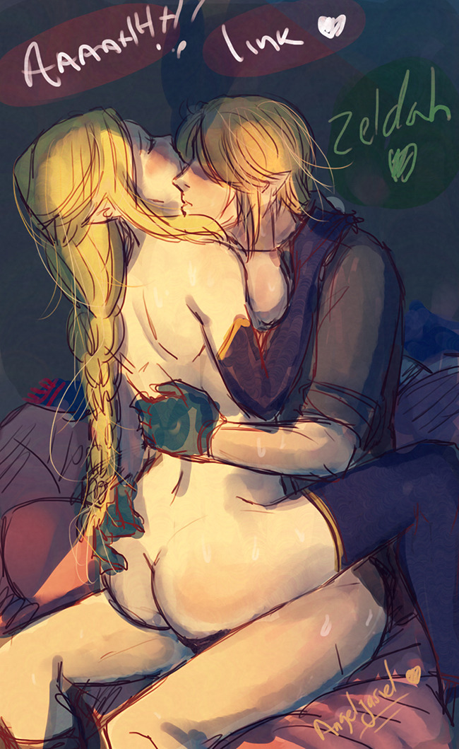 1boy, 1girls, angeljasiel, areolae, ass, blonde hair, blush, bottomless, breasts, closed eyes, clothed male nude female, cowgirl position, elbow gloves, english, english text, female, fingerless gloves, hand on back, happy sex, hyrule warriors, leggings, link, long hair, male, medium breasts, nintendo, nipples, nude, pointy ears, princess zelda, sex, sideboob, single braid, straight, sweat, text, the legend of zelda, thighhighs, zelda (hyrule warriors)