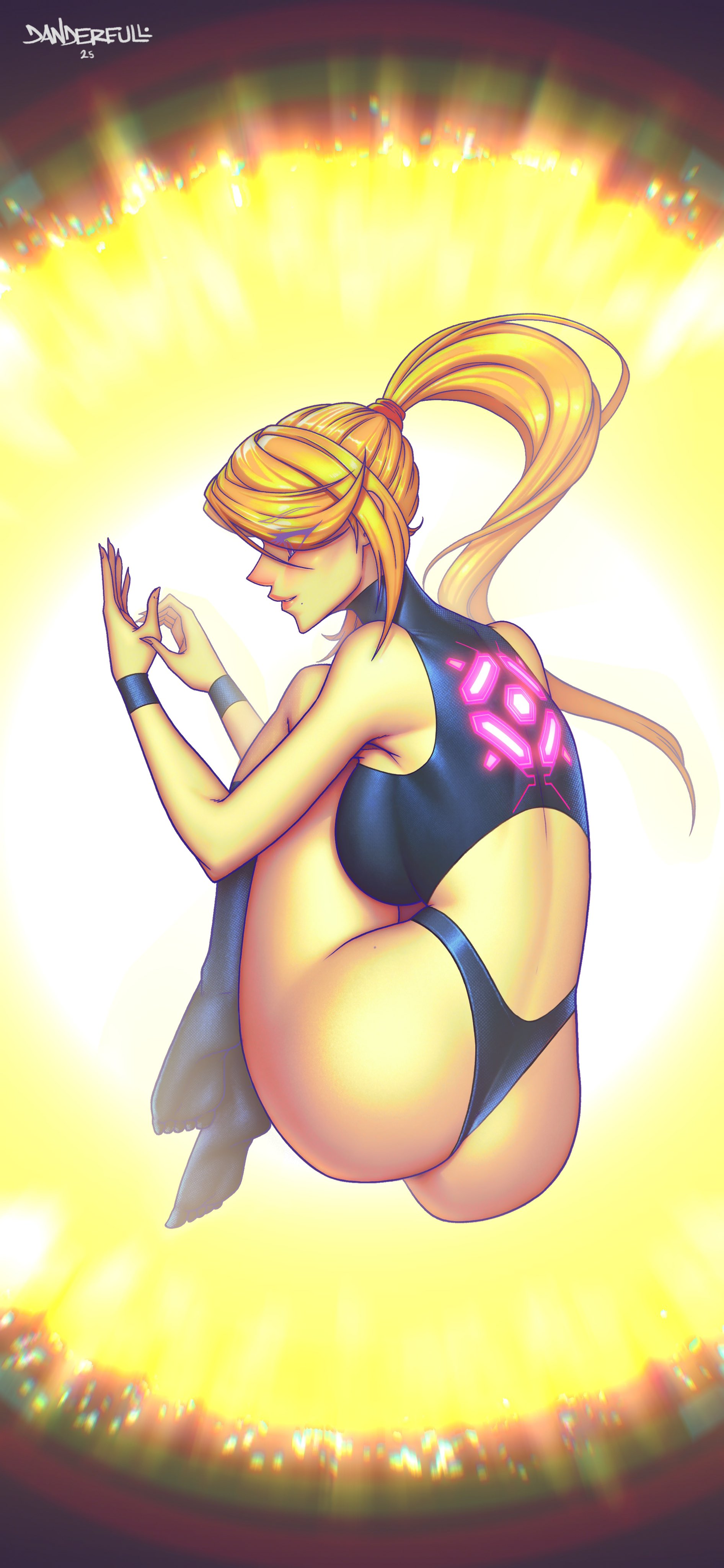 1girls, alternate version available, artist logo, artist name, artist signature, ass, ass crack, ass focus, blonde hair, bra, breasts, butt crack, butt focus, canonical scene, casual outfit (metroid), clothed, crystal flash, danderfull, female, floating, metroid, metroid fusion, nintendo, panties, ponytail, samus aran, sideboob, solo, solo female, solo focus, thighhighs, zero suit (metroid fusion)