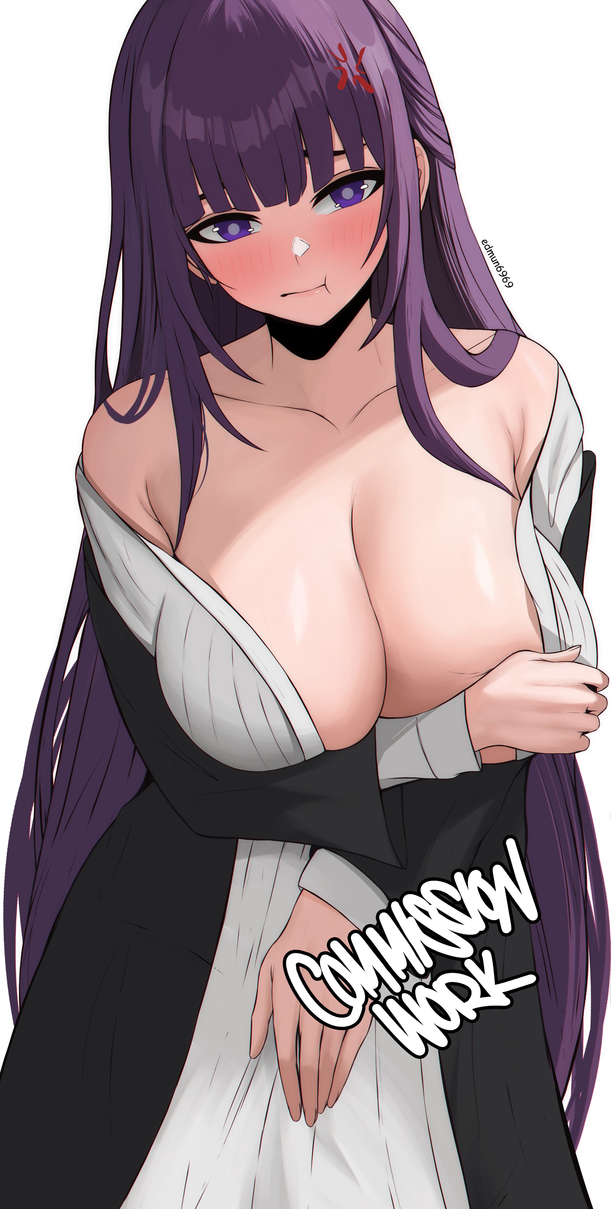 :t, 1girls, absurdres, anger vein, arm under breasts, bare shoulders, black robe, blush, breasts, collarbone, commission, dress, edmun, edmun6969, female, fern (sousou no frieren), highres, large breasts, long hair, looking at viewer, off shoulder, pout, purple eyes, purple hair, robe, simple background, solo, sousou no frieren, very long hair, white background, white dress