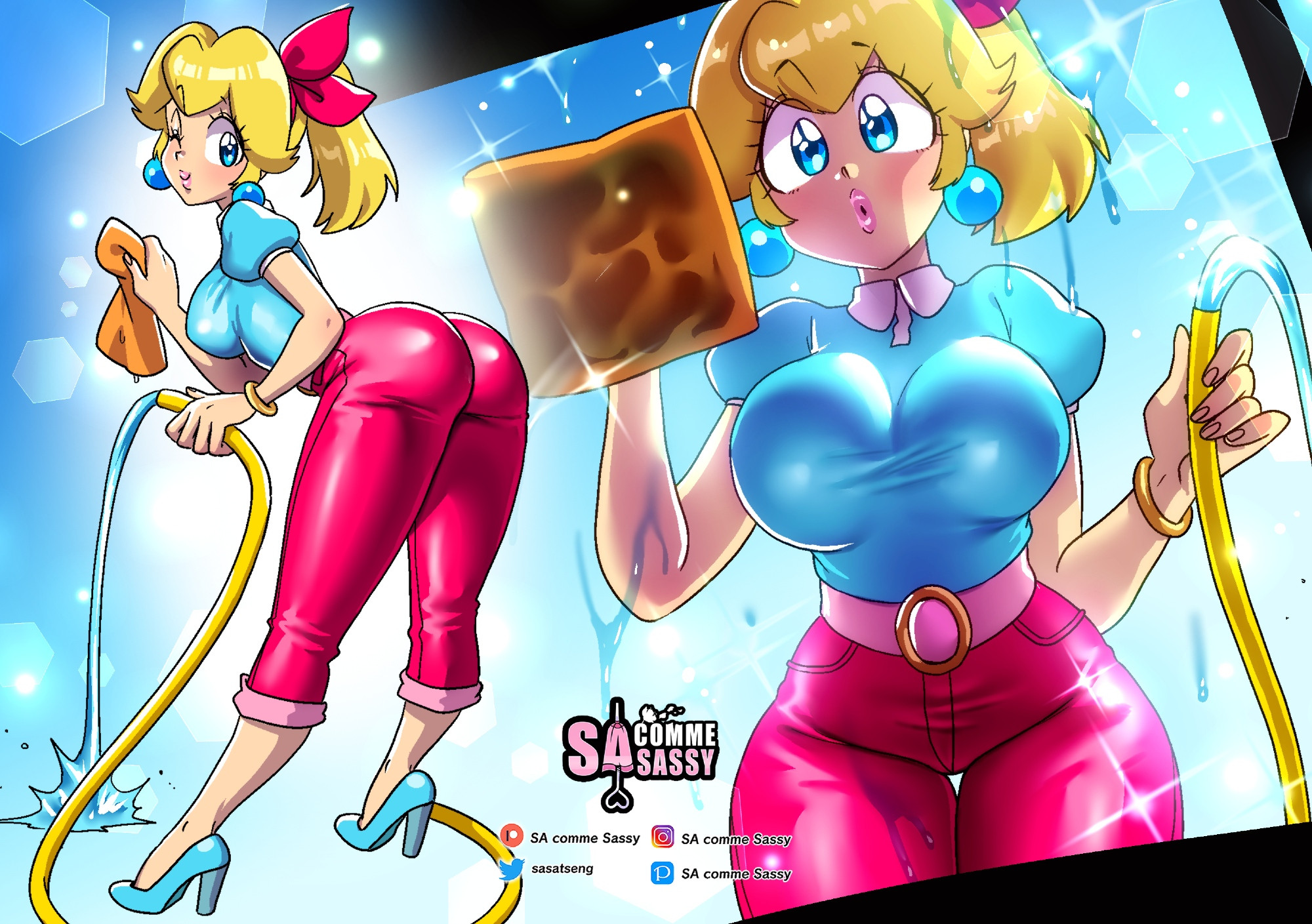 1girls, ass, blonde hair, blue eyes, blue high heels, breasts, busty, car wash, earrings, female, garden hose, gold bracelet, high heels, hose, light skin, light-skinned female, mario (series), mario kart, mario kart world, nintendo, official alternate costume, princess peach, princess peach (sightseeing), sasatseng, tight clothing, water, wet