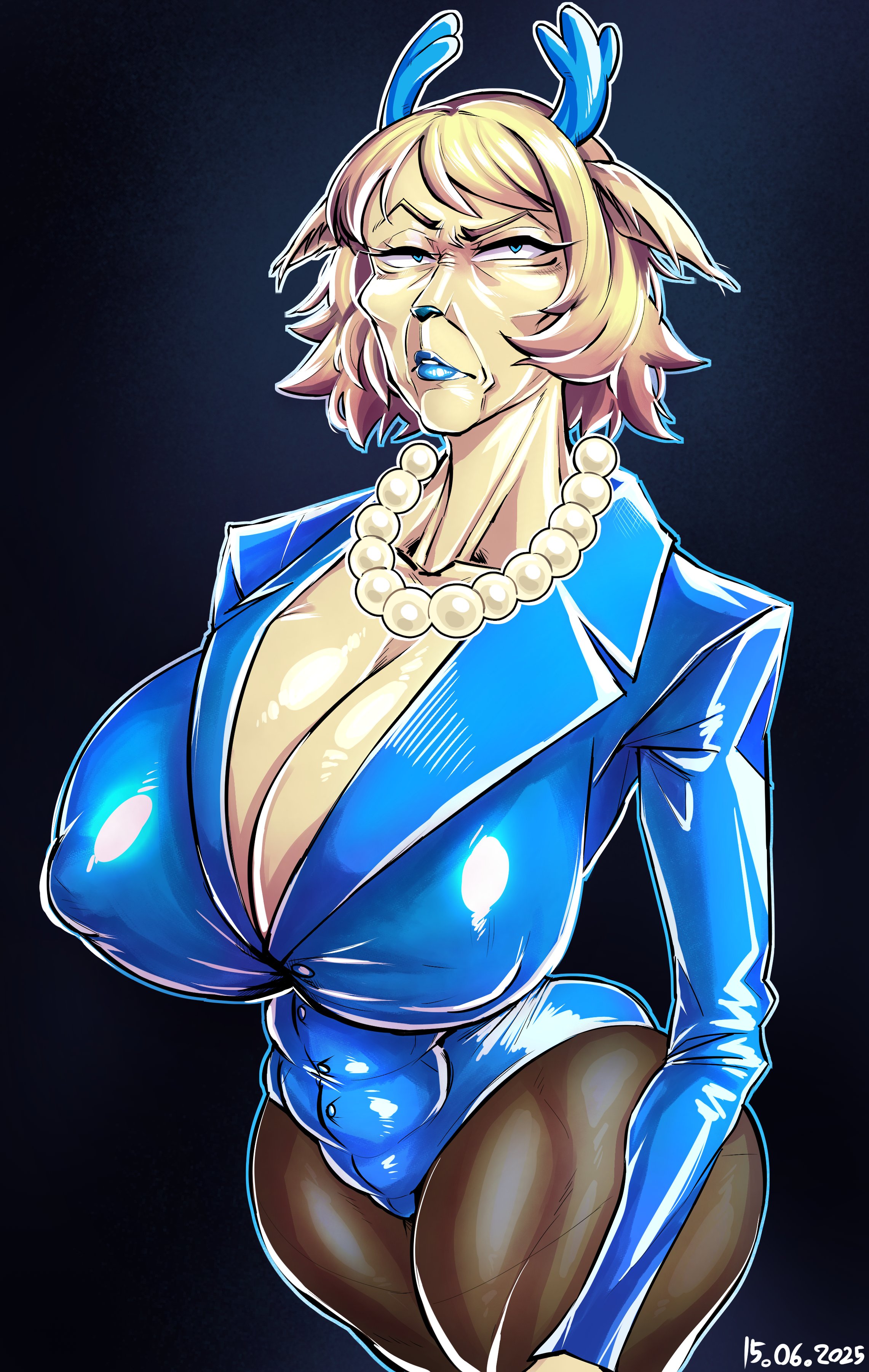 1girls, big breasts, blonde eyebrows, blonde hair, blue lipstick, breasts, breasts bigger than head, bulge, carol holiday, clothed, clothing, deer girl, deltarune, deltarune chapter 4, digital media (artwork), enormous breasts, eyebrows, female, female focus, female only, gilf, hag, highres, huge breasts, large breasts, leggings, leotard, lipstick, looking at viewer, mature female, medium hair, milf, nasojugal grooves, nasolabial folds, necklace, nipple bulge, no bra, no sex, older female, pearl necklace, resting bitch face, short hair, simple background, slightly open mouth, solo, solo female, standing, suit, tagme, tight clothing, tofo u, ugly female, undertale, undertale (series)