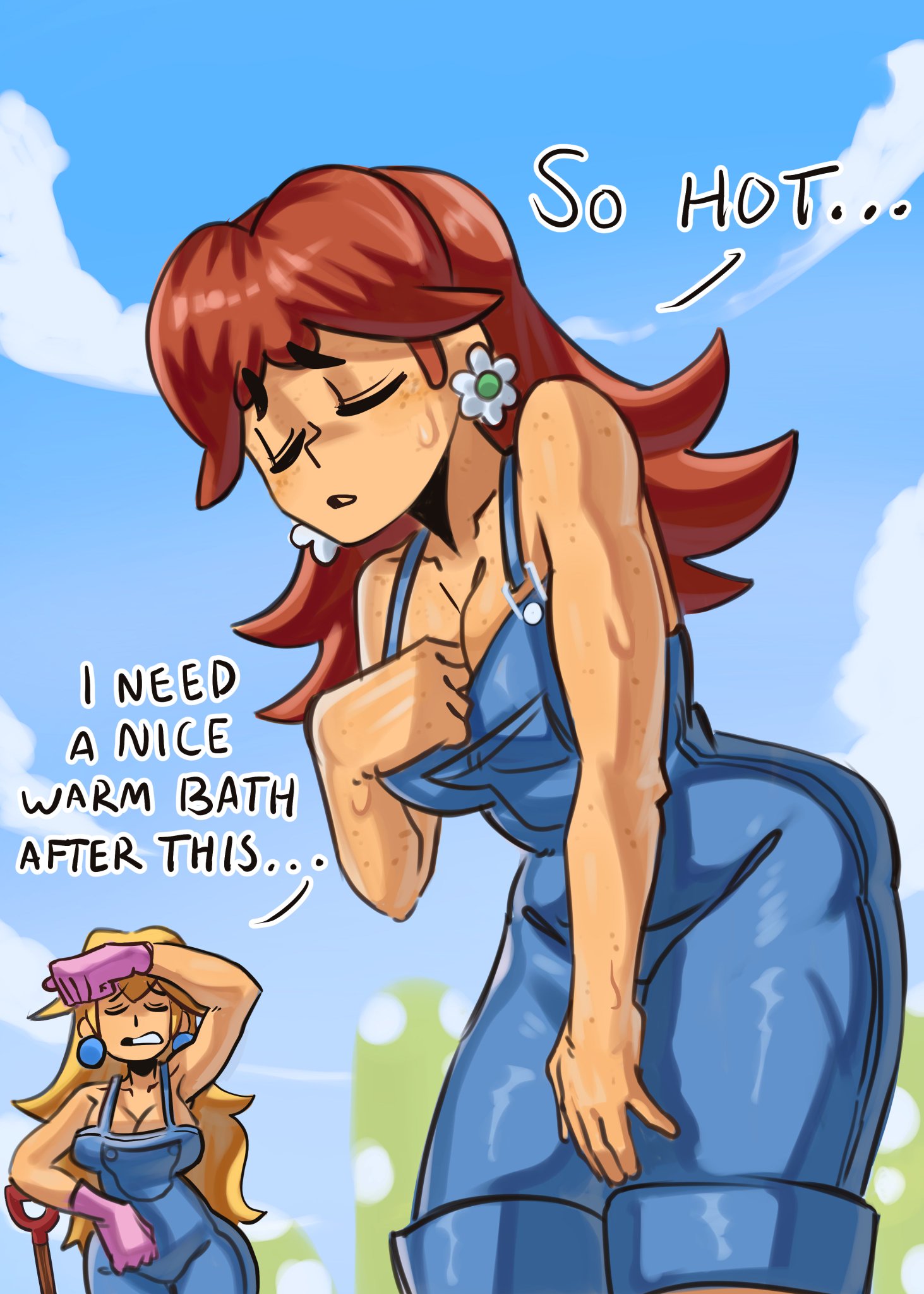 2girls, ass, blonde hair, blue earrings, breasts, brown hair, cleavage, cloud, clouds, earrings, english text, female, flower earrings, gloves, large breasts, long hair, mario (series), moxydrawsmore, nintendo, overalls, overalls only, pink gloves, princess daisy, princess daisy (farmer), princess peach, princess peach (farmer), short hair, shovel, sweat, text, thick thighs, thighs, tired