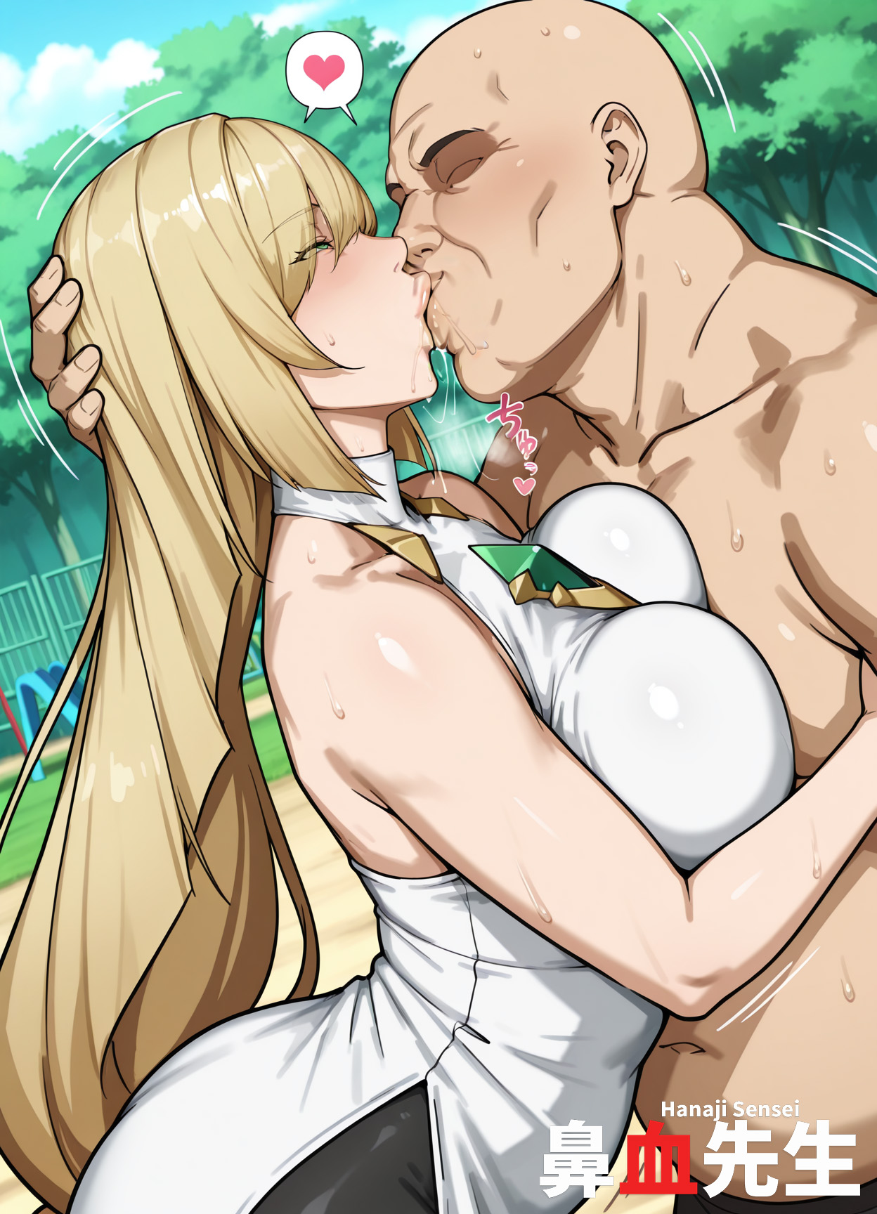 1boy, 1girls, ahe gao, ai generated, blonde hair, breasts, deep kissing, fat male, female, game freak, green eyes, hanajisensei, kissing, leggings, long hair, lusamine (pokemon), male, medium breasts, nintendo, outdoors, pokemon, pokemon sm, saliva, slender body, slender waist, sweat, ugly bastard, white dress, 鼻血先生