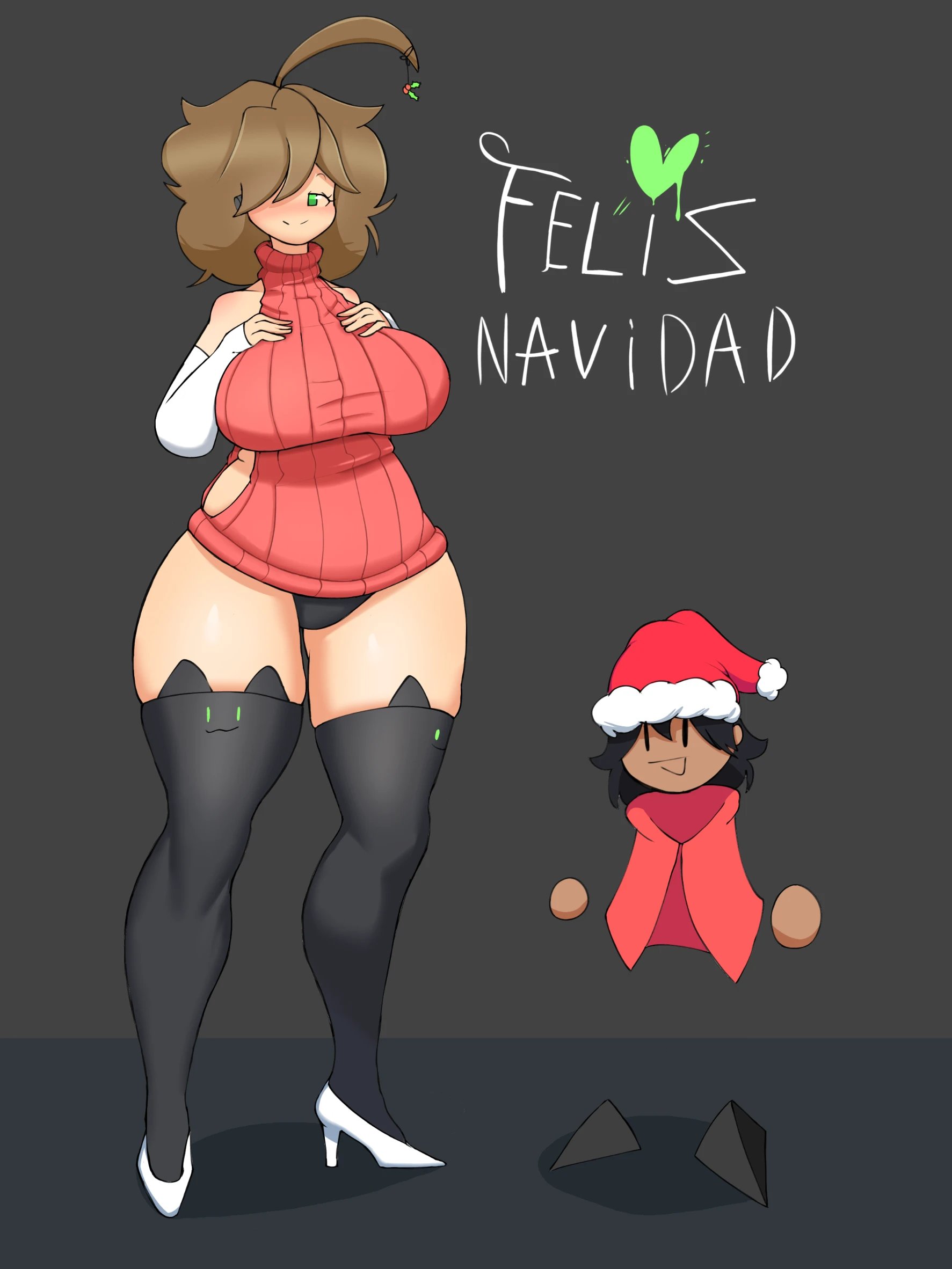 1boy, 1girls, ahoge, android, android girl, arm sleeves, big breasts, black hair, black panties, breasts, brown hair, cat socks, christmas, christmas hat, dark skin, elbow gloves, female, geby (megamor), green eyes, heels, huge boobs, huge breasts, lingerie, male, megamor, oc, panties, red clothing, robot, robot girl, short hair, simple background, skindentation, socks, spanish text, stockings, tall, taller female, text, thick thighs, thighs, turtleneck, voluptuous female, white eyes