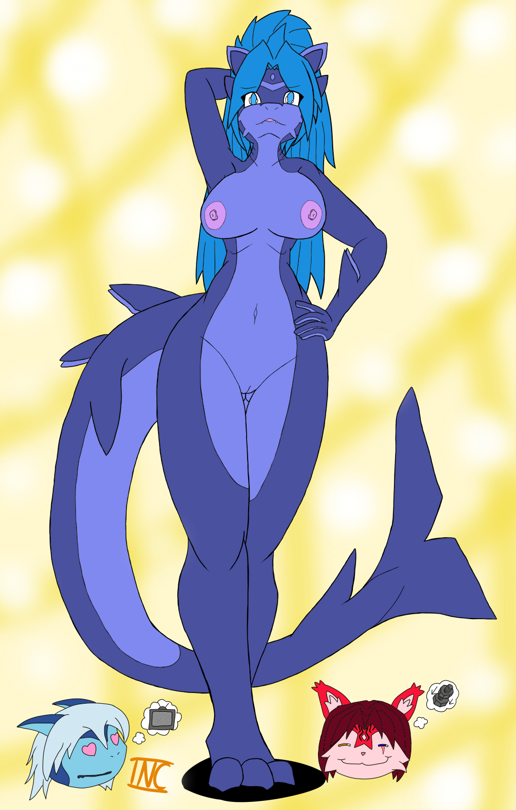 <3_eyes anthro big_breasts blue_eyes blue_hair blue_skin breasts dragon drooling female fin fish hair heart hybrid incendramon inctastic male marine myrl nude pussy saliva shark xennie