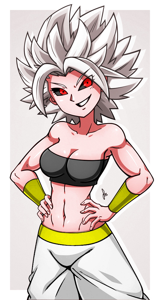 1girls android_21 android_21_(cosplay) android_21_(evil) black_sclera breasts caulifla dbuu11mc dragon_ball dragon_ball_super female female_focus female_majin female_only female_saiyan female_solo grin humanoid long_hair majin navel pants pink_skin red_eyes saiyan smile solo spiky_hair tubetop white_hair