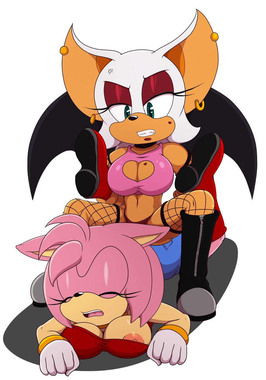 2018 amy_rose angry anthro bare_shoulders bat bigdon1992 black_nose blue_eyes boots bracelet breasts cleavage closed_eyes duo ear_piercing eyeshadow female female_focus female_only footwear fur furry gloves hedgehog highres jewelry makeup mammal nipples nyurora nyuroraxbigdon piercing pink_hair rouge_the_bat sega short_hair sonic_(series) sonic_team sonic_the_hedgehog_(series) white_fur wings wrestling