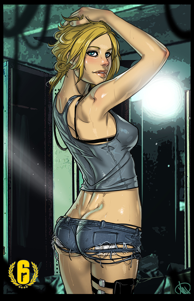 1girls ass blonde_hair blue_eyes breasts cleavage female female_only ganassa iq_(rainbow_six) looking_at_viewer looking_back rainbow_six rainbow_six_siege short_shorts shorts solo tagme tom_clancy