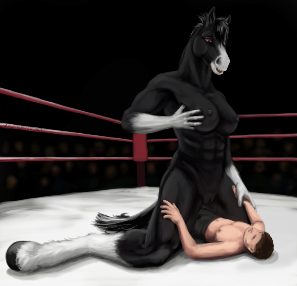 abs anthro breasts domination duo equine female femdom horse human lemurlemurovich male male_human/female_anthro mammal muscular muscular_female size_difference straight wrestling