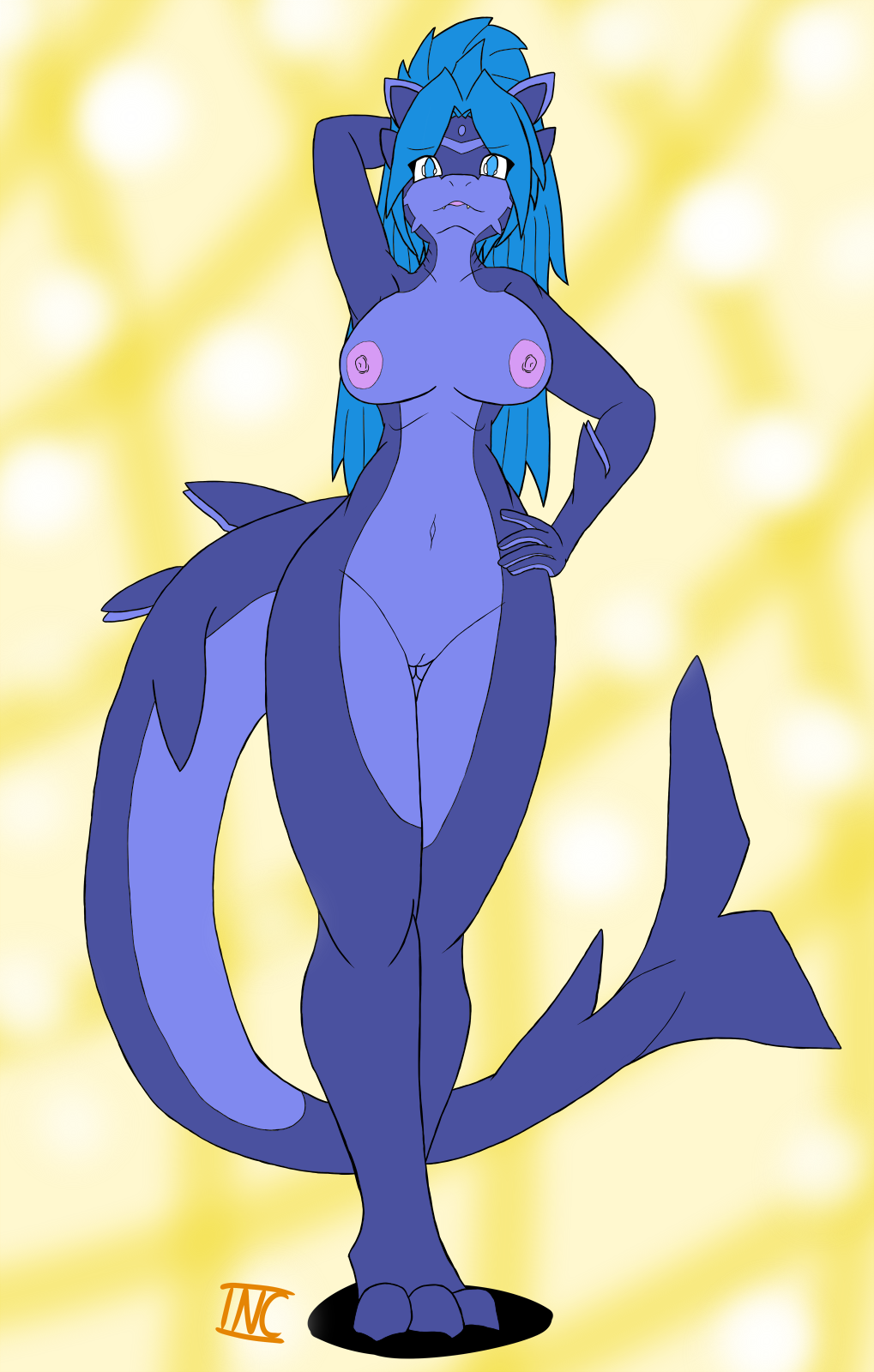 anthro big_breasts blue_eyes blue_hair blue_skin breasts dragon drooling female fin fish hair hybrid inctastic marine myrl nude pussy saliva shark