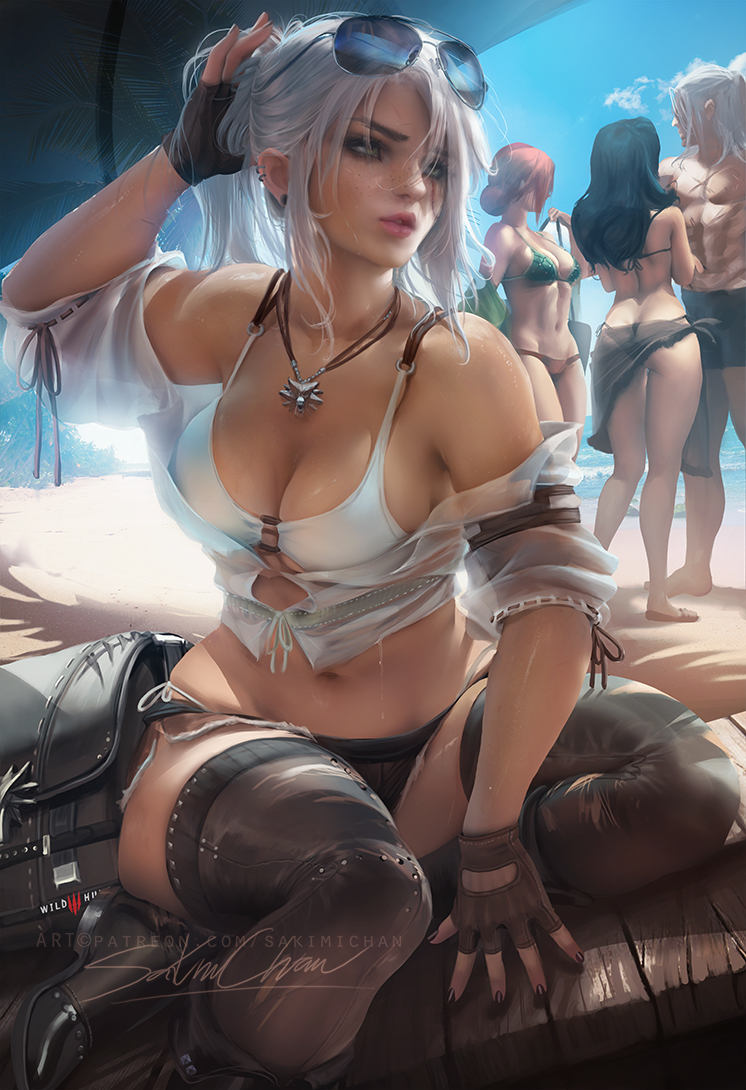 1boy, 2d, 3girls, beach, bikini, bra, breasts, brown gloves, cd projekt red, ciri, cleavage, female, fingerless gloves, geralt of rivia, gloves, male, panties, sakimichan, skindentation, solo focus, swimsuit, the witcher (series), the witcher 3: wild hunt, thighhighs, triss merigold, yennefer