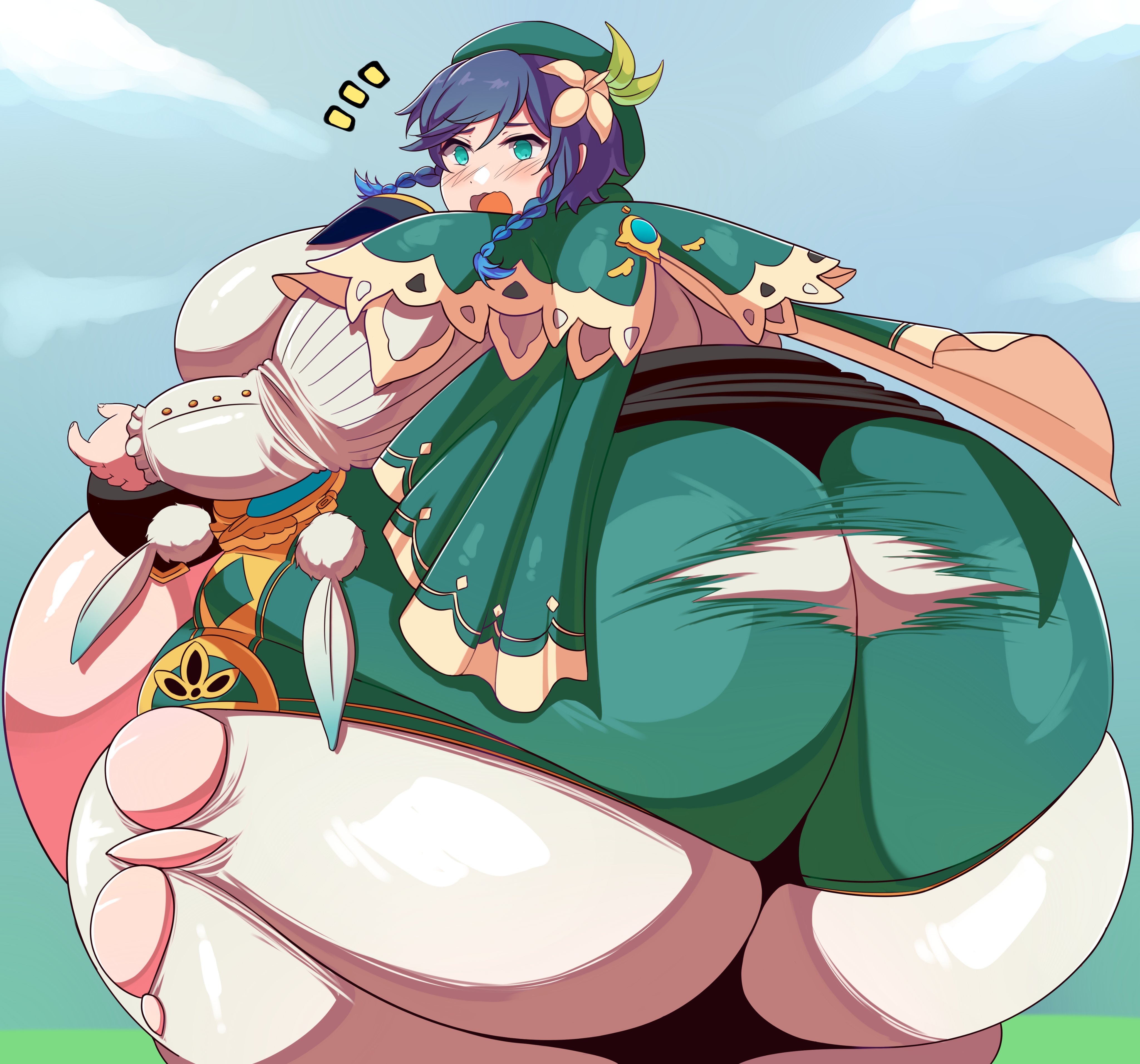 1boy, ass, back view, belly, big ass, big belly, black hair, blue eyes, blue hair, blush, candykitten11, embarrassed, fat, femboy, genshin impact, girly, hyper, male, male only, overweight, ripped clothing, ripped pants, twintails, venti (genshin impact), weight gain
