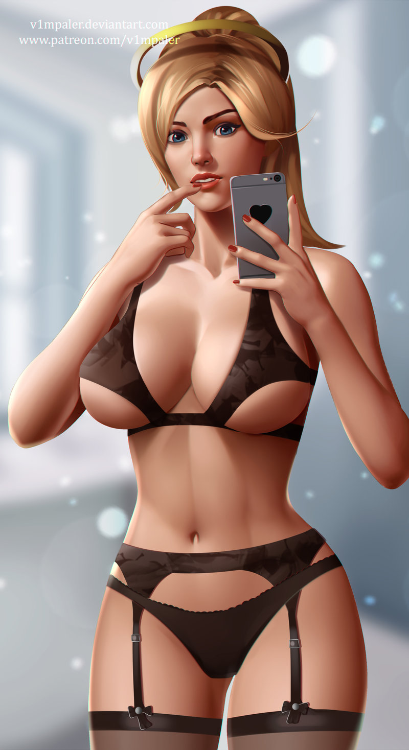 black_lingerie black_stockings blonde_hair blue_eyes bra cleavage female garter_belt large_breasts lingerie mechanical_halo mercy overwatch selfie solo stockings thong underboob v1mpaler