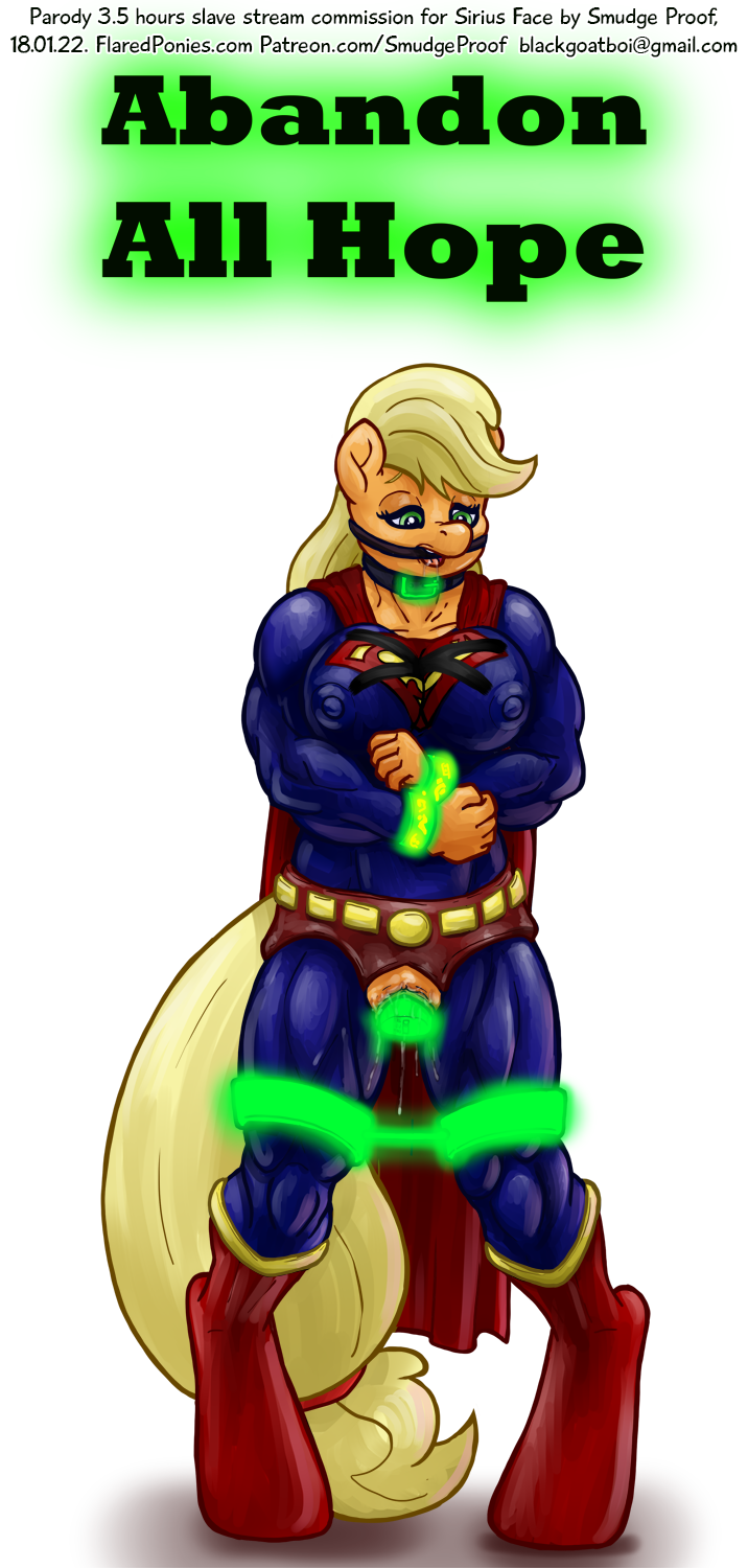 alpha_channel anthro applejack_(mlp) bondage commission cosplay crossover dated dc dc_comics depowered dildo female friendship_is_magic gag hair_on_head kryptonite muscular my_little_pony nipples patreon_url pussy rubber saliva sex_toy shackle simple_background smudge_proof solo superman supermare transparent_background url