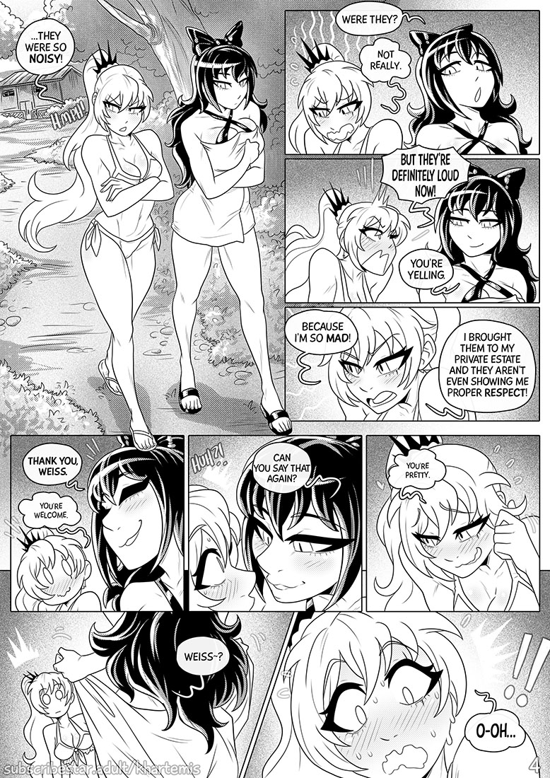 2girls, black hair, blake belladonna, catgirl, fancomic, khartemis, rwby, weiss schnee, white hair, yuri