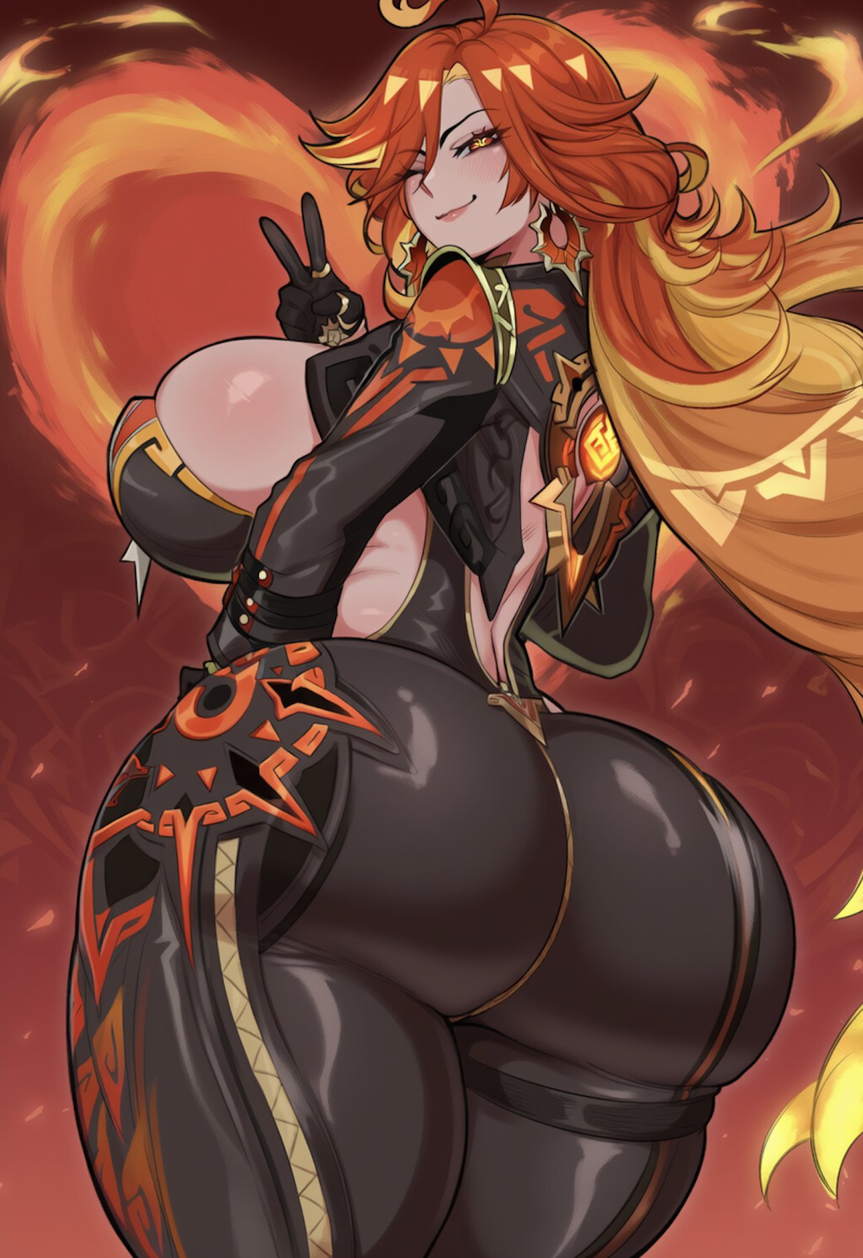 1girls, ai generated, ass, ass focus, back view, big ass, big breasts, breasts, earrings, female, female only, focus on ass, genshin impact, gloves, hand on hip, hips, huge ass, huge breasts, hydra ai, light skin, light-skinned female, long hair, long sleeves, looking at viewer, looking back, mavuika (genshin impact), mihoyo, orange hair, pants, peace sign, red eyes, sexy, sexy body, sexy female, shaped pupils, skinny jeans, solo, tall boots, thick thighs, thighs, vest, voluptuous, voluptuous body, voluptuous female, wavy hair, wide hips, winking, winking at viewer, yellow hair, yellow pupils