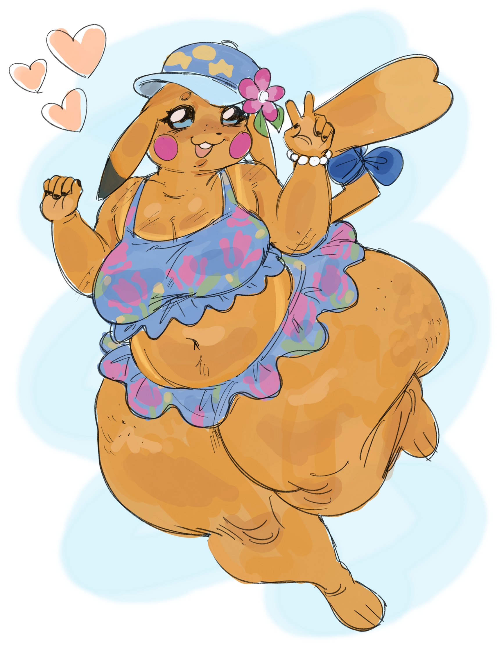 anthro, ass out, big ass, big breasts, bikini, bowl, chubby, chubby belly, chubby female, clothed, clothing, cute, cute face, fat, fat ass, freckles, freckles on ass, game freak, hat, heart, heart symbol, huge ass, huge thighs, ms. wavychu, namipika-chan, nintendo, overweight, peace sign, pikachu, pokemon, pokemon (species), pokemon ww, pose, skirt, small skirt, suggestive, sweetycupcake, tail, thick ass, thick thighs, thighhighs, thighs, tiny skirt