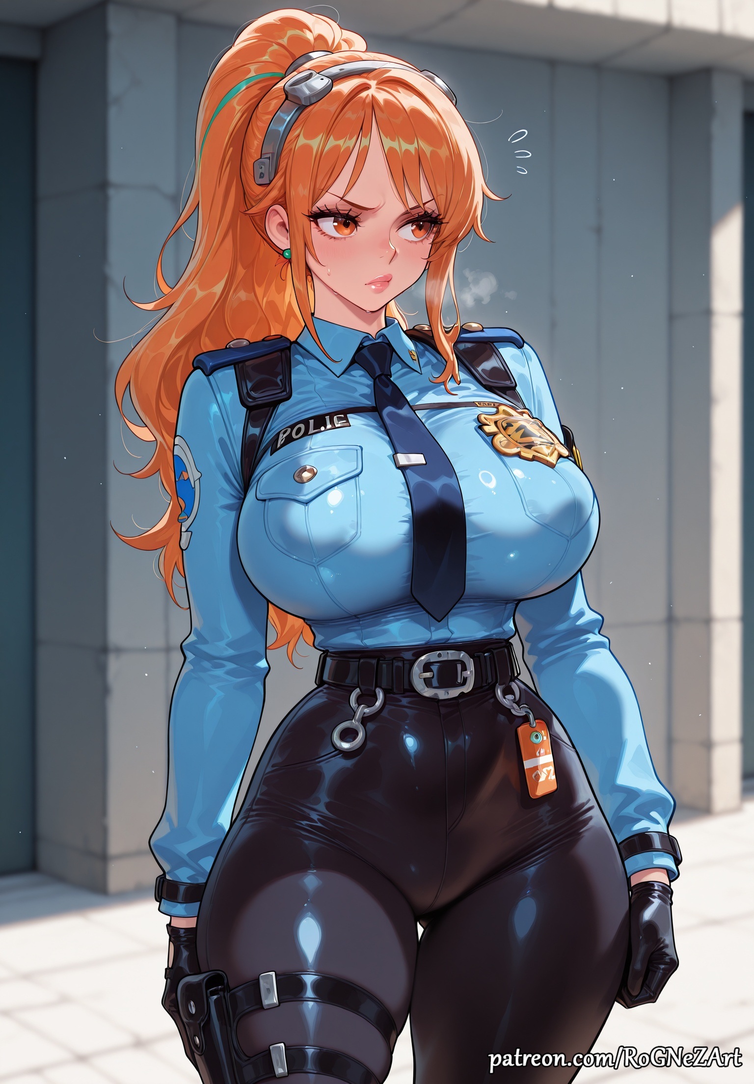 1girl, 1girls, 2026, ai generated, anime, bangs, belt, black belt, black gloves, black pants, blue necktie, blue shirt, blush, boobs, breasts, cleavage, collared shirt, crossover, cuffs, earrings, female, female focus, female only, flushed, gloves, handcuffs, handwear, highres, holster, huge breasts, jewelry, large breasts, long hair, long sleeves, looking to the side, nami (one piece), necktie, nsfw, one piece, orange eyes, orange hair, orange-haired female, pants, patreon, patreon username, police, police uniform, policewoman, ponytail, rognezart, shirt, solo, thick thighs, thighs, uniform, very long hair, weapon, web address