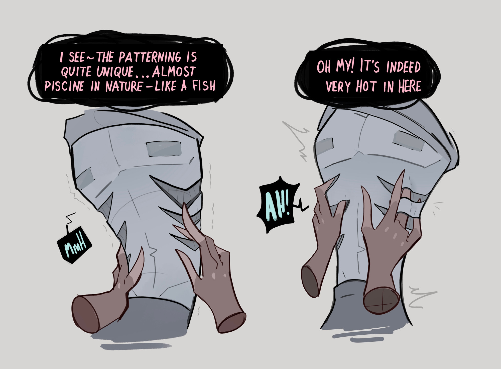 2boys, alastor (hazbin hotel), craxkers, curious, dialogue, disembodied hand, english, english text, fingering, fingering gills, fish, flinch, gay, gills, hazbin hotel, hellaverse, male, male only, moan, nipples, past self, shark, shark boy, shirt lift, slight moan, square nipples, vox (hazbin hotel), yaoi
