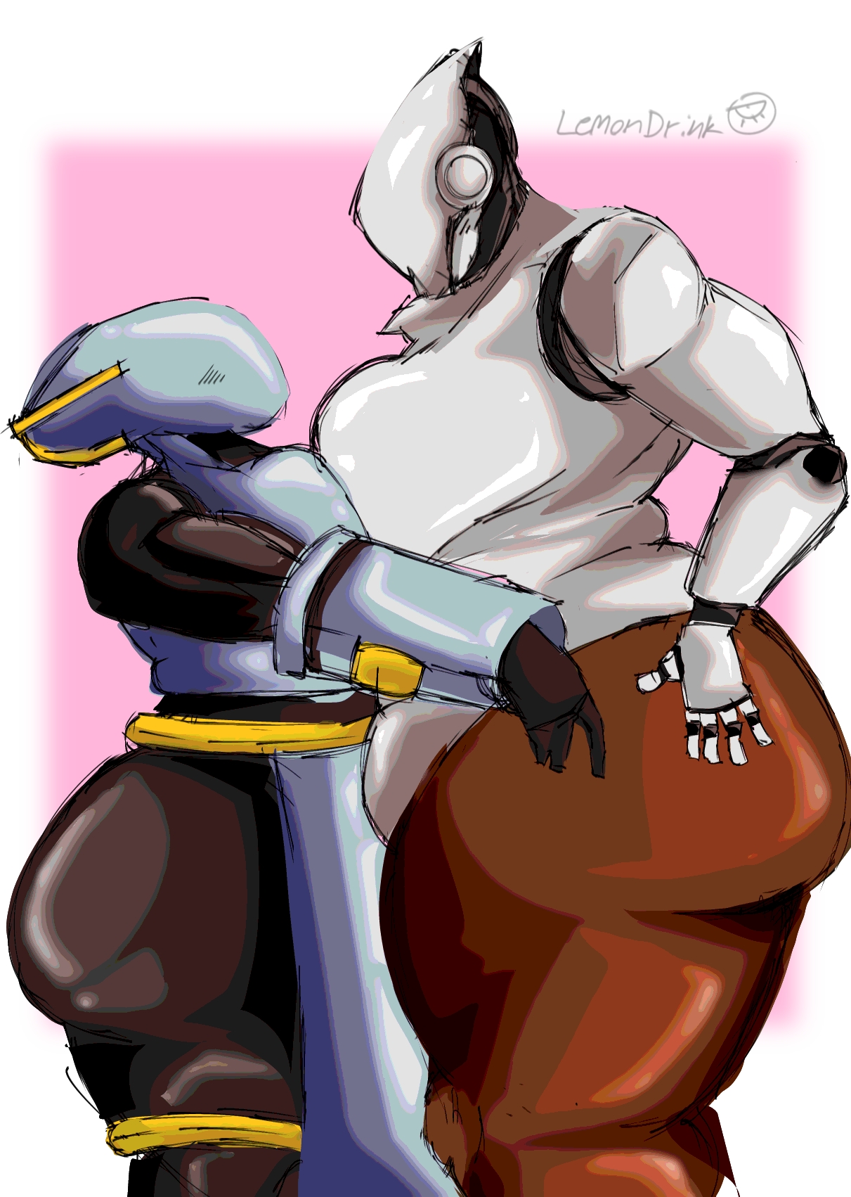 2girls, artificer (risk of rain), big ass, big thighs, drawing, faceless female, female, female only, haydee, haydee (game), lemondrink, masked female, rendered, risk of rain, robot girl, robot humanoid, sci-fi, shiny, thick thighs, yuri