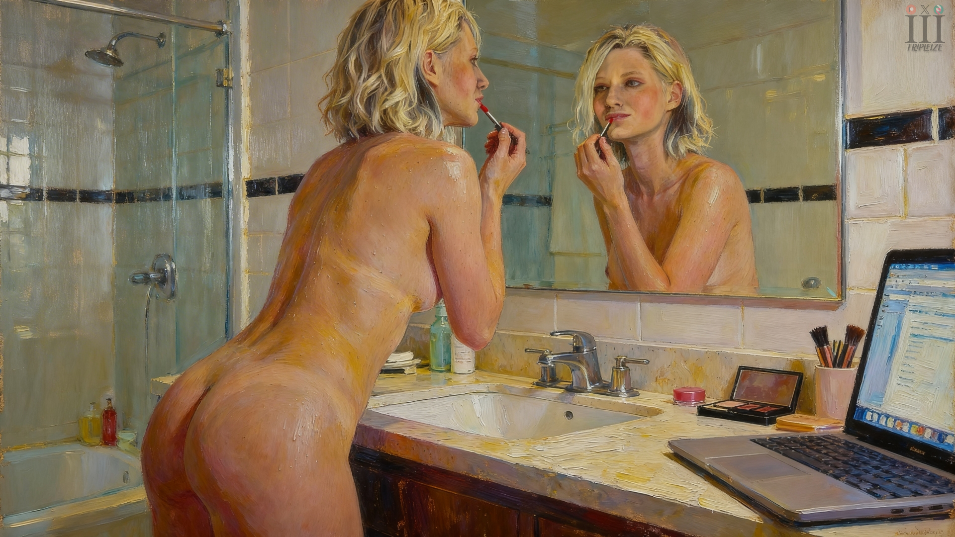 1girls, ai assisted, applying lipstick, applying makeup, bathroom, blonde female, blonde hair, blonde-haired female, casual, computer, electronics, female, female only, grace ashcroft, grace ashcroft (julia pratt), highres, human, laptop, lipstick, mirror, naked, naked female, nonsexual, nonsexual nudity, nude, nude female, pale skin, patreon, putting on lipstick, putting on makeup, resident evil, resident evil 9: requiem, short hair, shower, tanline, tripleize, wallpaper, watermark, wet, wet body, wet skin