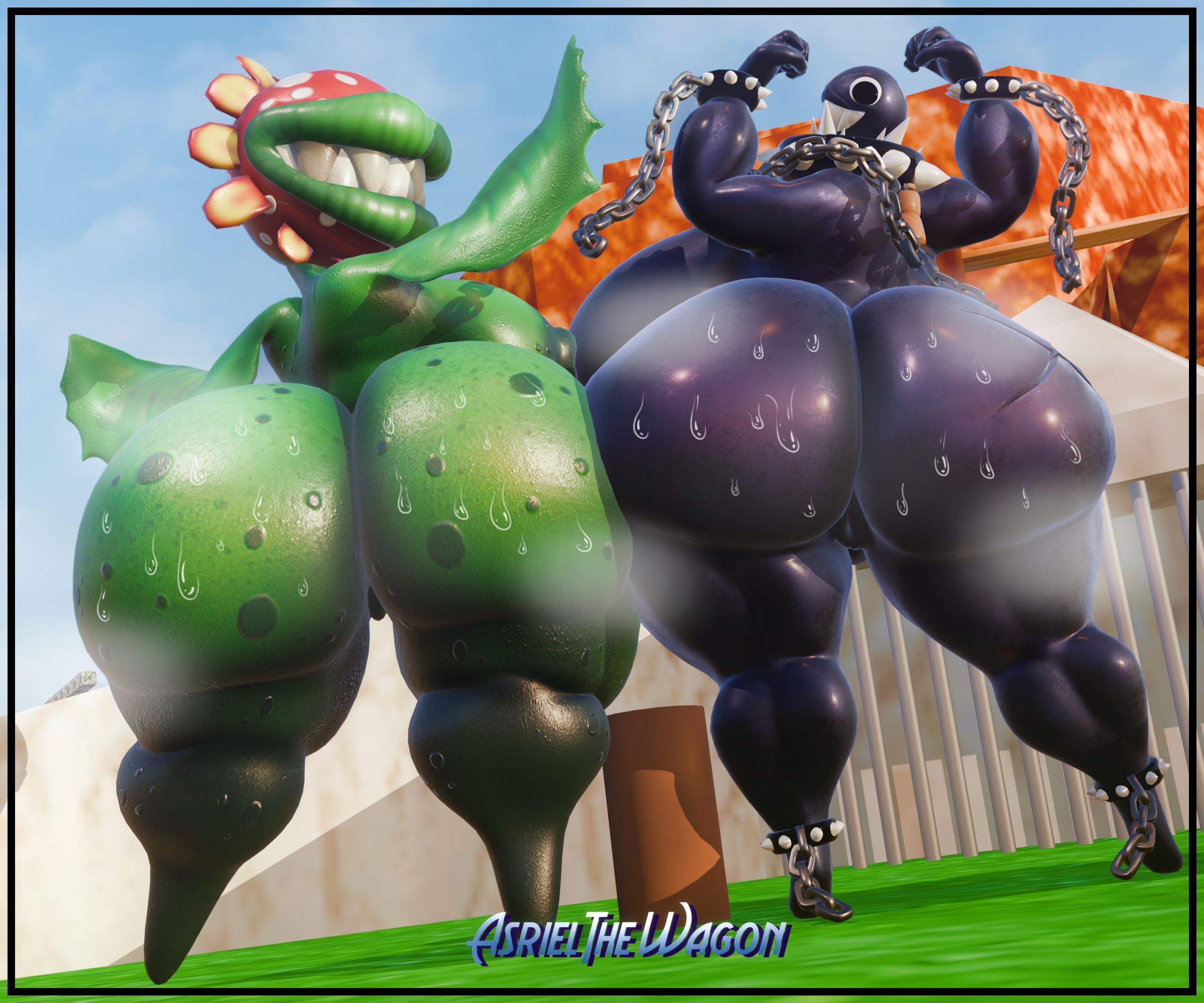 asrielthewagon, big ass, big breasts, big female, blender, blender (artwork), blender (software), blender eevee, chain chomp, chains, fangs, fat female, gigi (thecoatl034), looking at viewer, mario (series), massive ass, massive breasts, muscular female, musk, musk clouds, musky butt, petey piranha, plant, shaking ass, smiling, smiling at viewer, super mario 64, super mario bros., sweat, sweatdrop, thick thighs