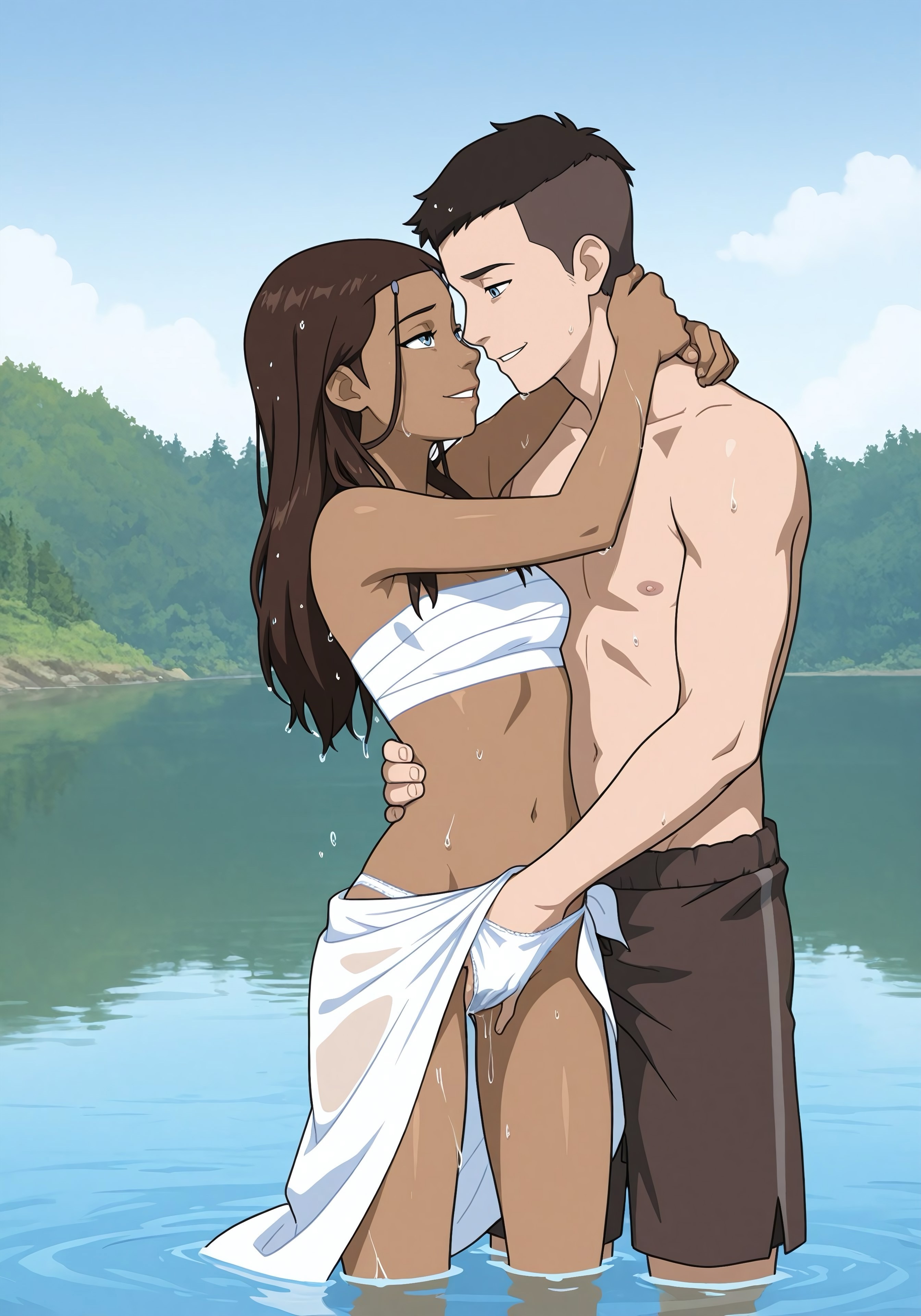 1boy, 1girls, ai generated, arm around neck, avatar the last airbender, bathing, blue eyes, brown hair, embrace, female, fingering, fingering partner, hand in panties, in water, katara, lake, light-skinned female, looking pleasured, male, nature, nickelodeon, outdoors, petite, petite female, sarashi, sarong, small breasts, tan body, wet body, wet hair