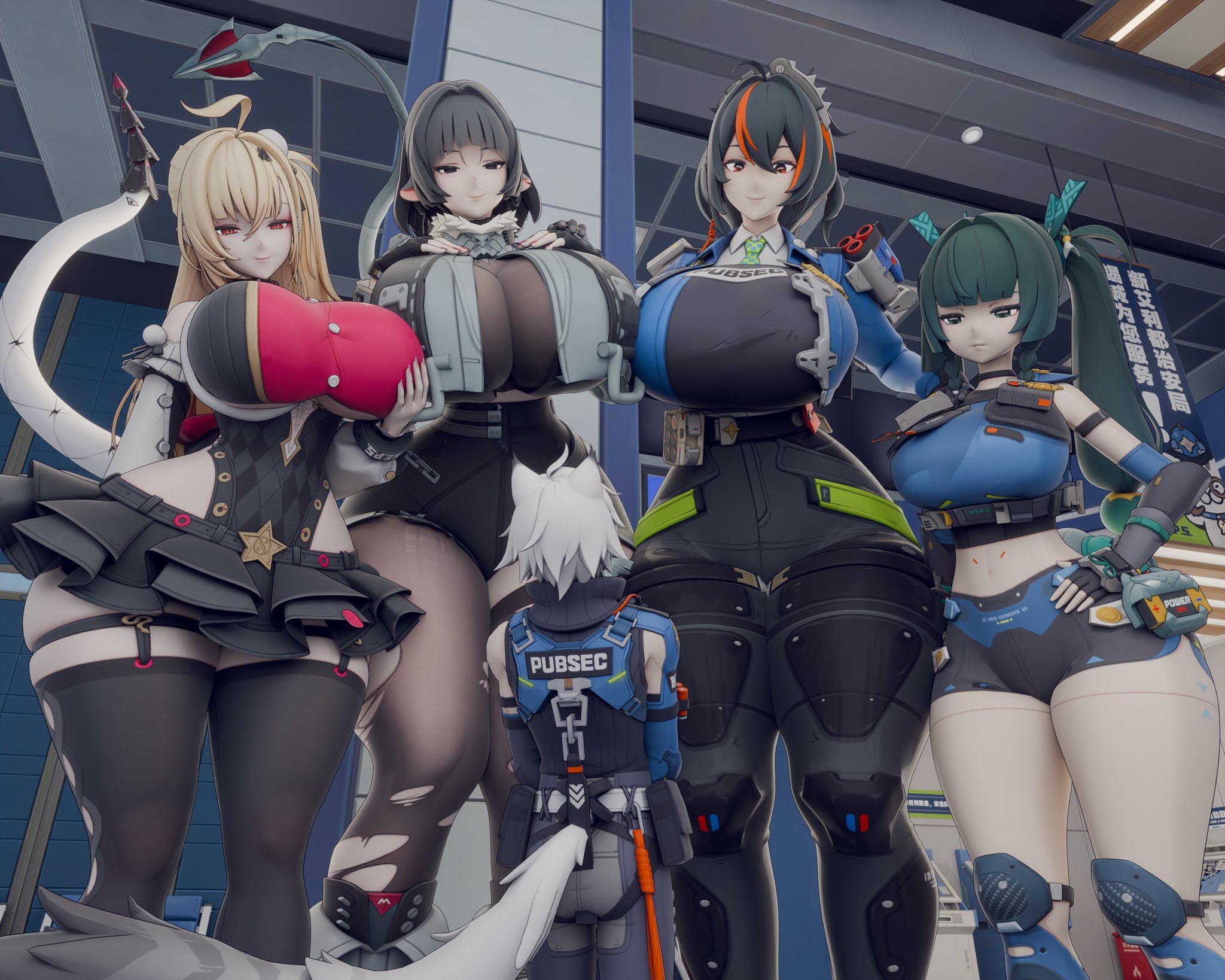 1boy, 3d, 3d (artwork), 4girls, alternate version available, big ass, big breasts, big thighs, cat ears, cat tail, catboy, cissia (zenless zone zero), clothed, clothing, decodec, giantess, highres, huge breasts, jane doe (zenless zone zero), large breasts, mini giantess, qingyi (zenless zone zero), rat ears, rat girl, rat tail, robot girl, seth lowell, size difference, smaller male, smile, snake tail, standing, thick thighs, thiren, wide hips, yellow hair, zenless zone zero, zhu yuan