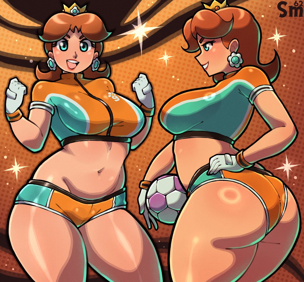 1girls, ass, ass shot, back, back view, ball, big ass, blue eyes, bottomwear, breasts, brown hair, crown, ear piercing, earrings, female, female only, flower earrings, football ball, football uniform, gloves, handwear, headwear, hips, holding object, huge ass, lips, lipstick, looking back, mario (series), mario strikers, multiple views, nintendo, orange shorts, princess daisy, samario, short shorts, shorts, soccer ball, soccer uniform, solo, solo female, sparkles, tight clothing, tomboy, topwear, wide hips