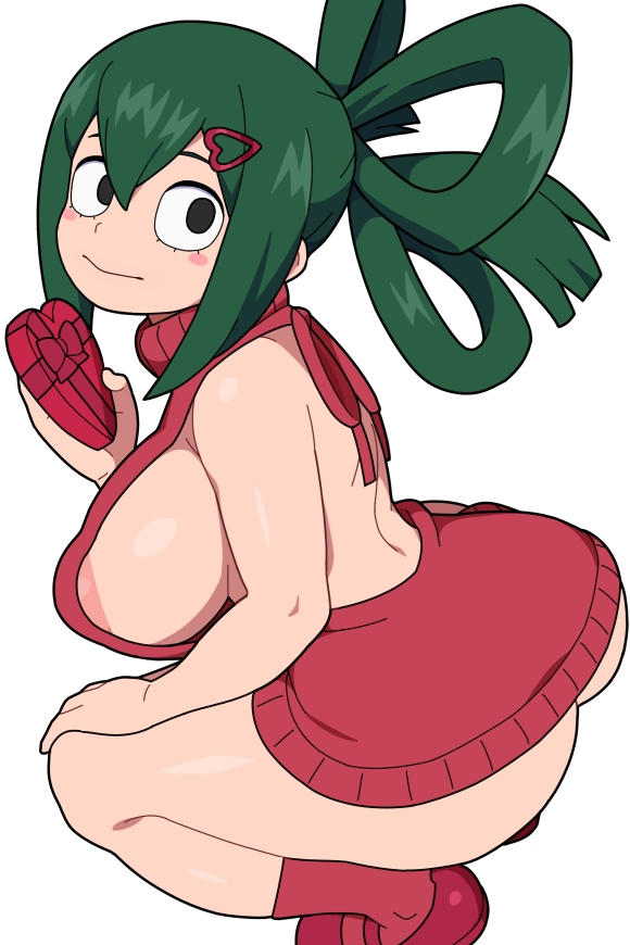 1girls, areola slip, areolae, ass, back, back view, big ass, big breasts, black eyes, blush, breasts, bubble butt, cleavage, clothed, clothed female, clothes, clothing, cowboy shot, curvaceous, curvy, female, from behind, green hair, hair, human, kabeume, large ass, large breasts, light skin, light-skinned female, long hair, looking at viewer, looking back, looking back at viewer, my hero academia, puffy areola, rear view, solo, standing, sweater, thick thighs, thighs, tsuyu asui, valentine's day, virgin killer sweater, voluptuous