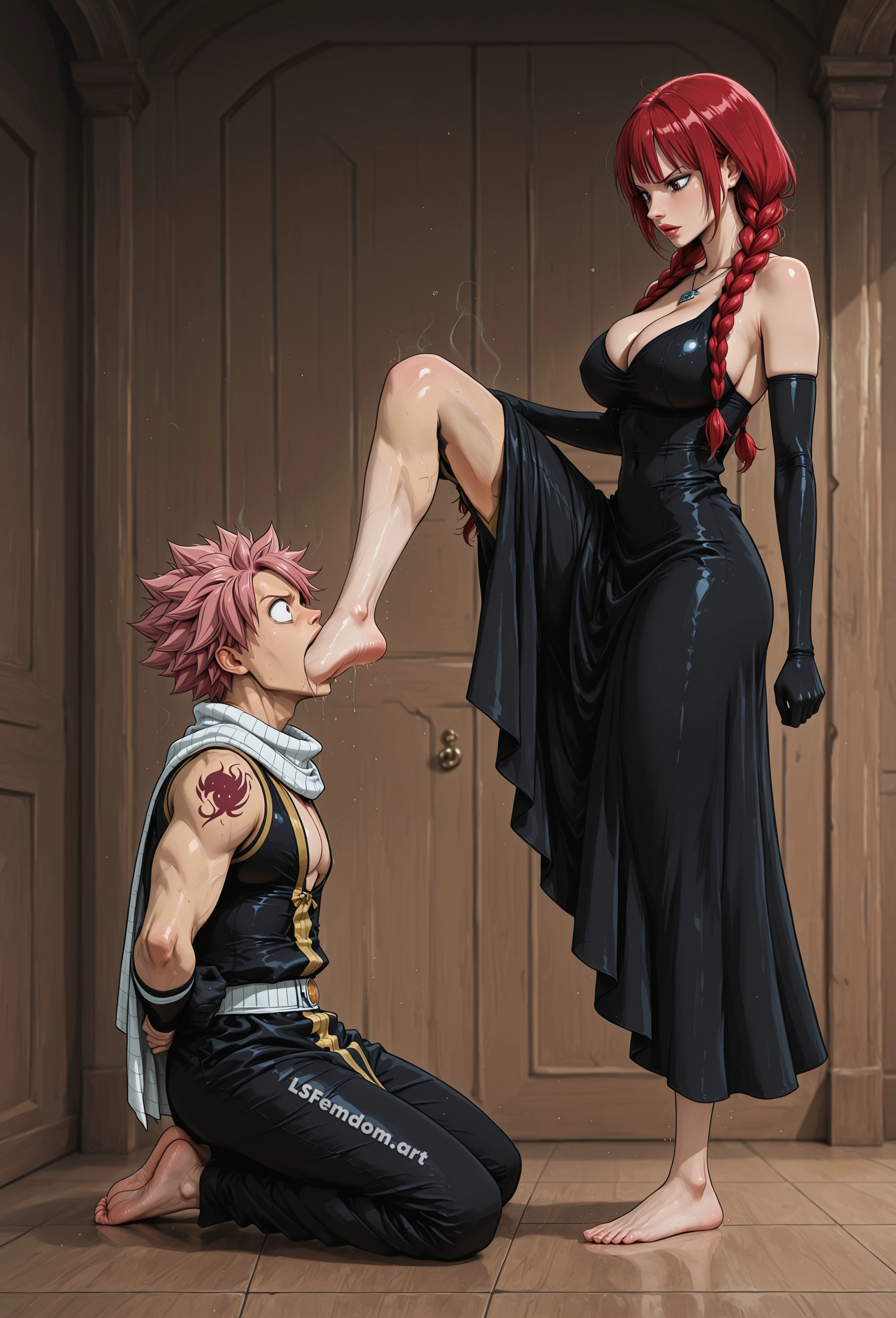 ai generated, barefoot, black dress, braid, dominant female, dominatrix, elbow gloves, fairy tail, feet worship, female domination, female supremacy, femdom, fetish, foot fetish, foot gag, foot gagging, foot in mouth, foot lick, foot slave, foot smother, foot suck, foot worship, humiliation, irene belserion, kneeling, legs up, lsfemdomart, mistress and slave, natsu dragneel, red hair, submissive male, toes sucking, worshiping
