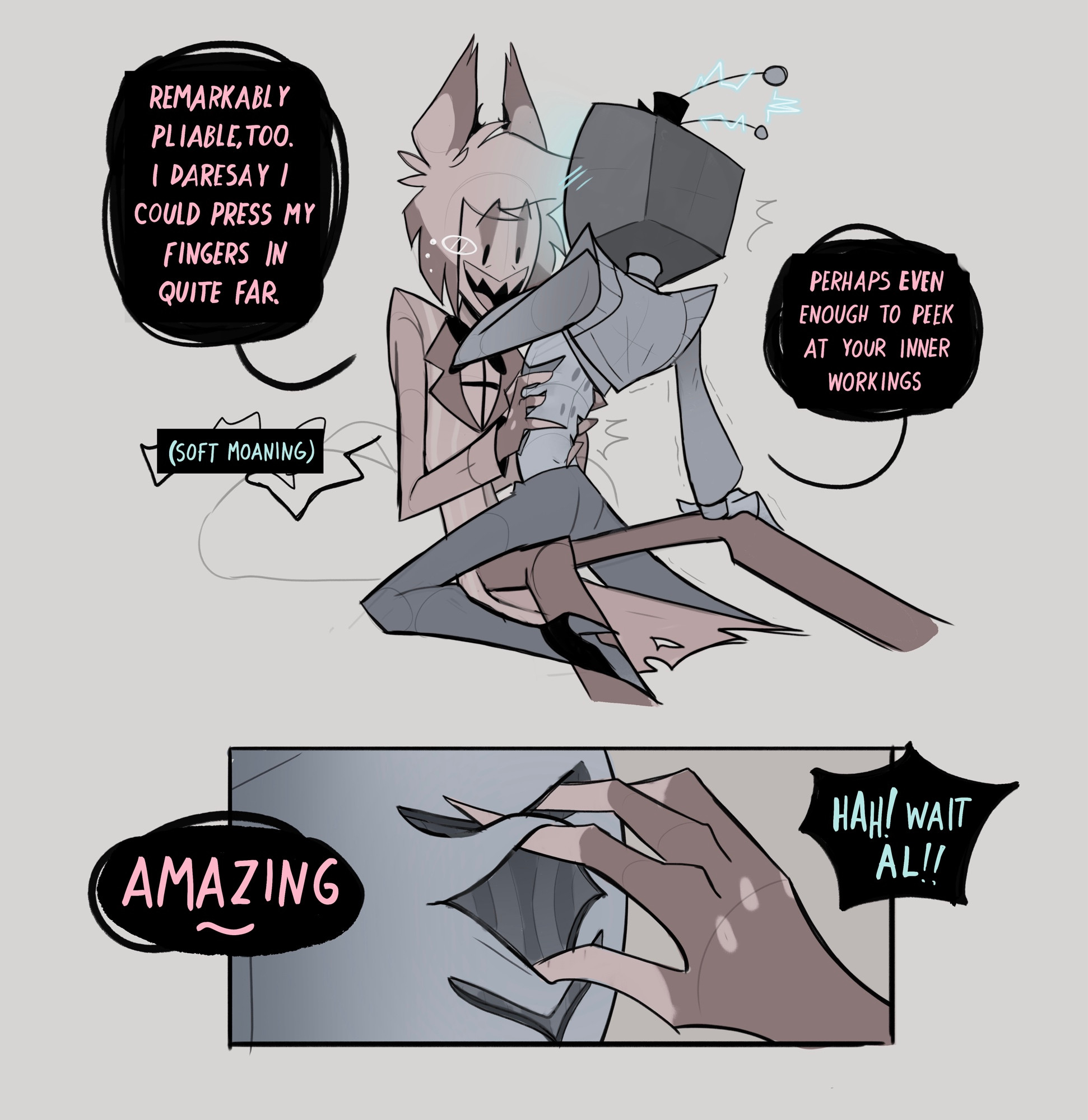 2boys, alastor (hazbin hotel), blush, craxkers, curious, deer ears, dialogue, english, english text, fingering, gay, gills, hazbin hotel, hellaverse, male, male only, moaning, moaning in pleasure, monocle, no background, past self, shirt lift, sitting on lap, tv head, vox (hazbin hotel), yaoi