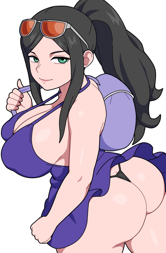 1girls, ass, ass cleavage, ass focus, big ass, big breasts, black hair, black-haired female, breasts, bubble ass, bubble butt, butt crack, clothing, dressrosa, eyewear on head, fat ass, female, female only, huge ass, kabeume, looking at viewer, looking back, nico robin, one piece, post-timeskip, solo, sunglasses, thick ass, thong