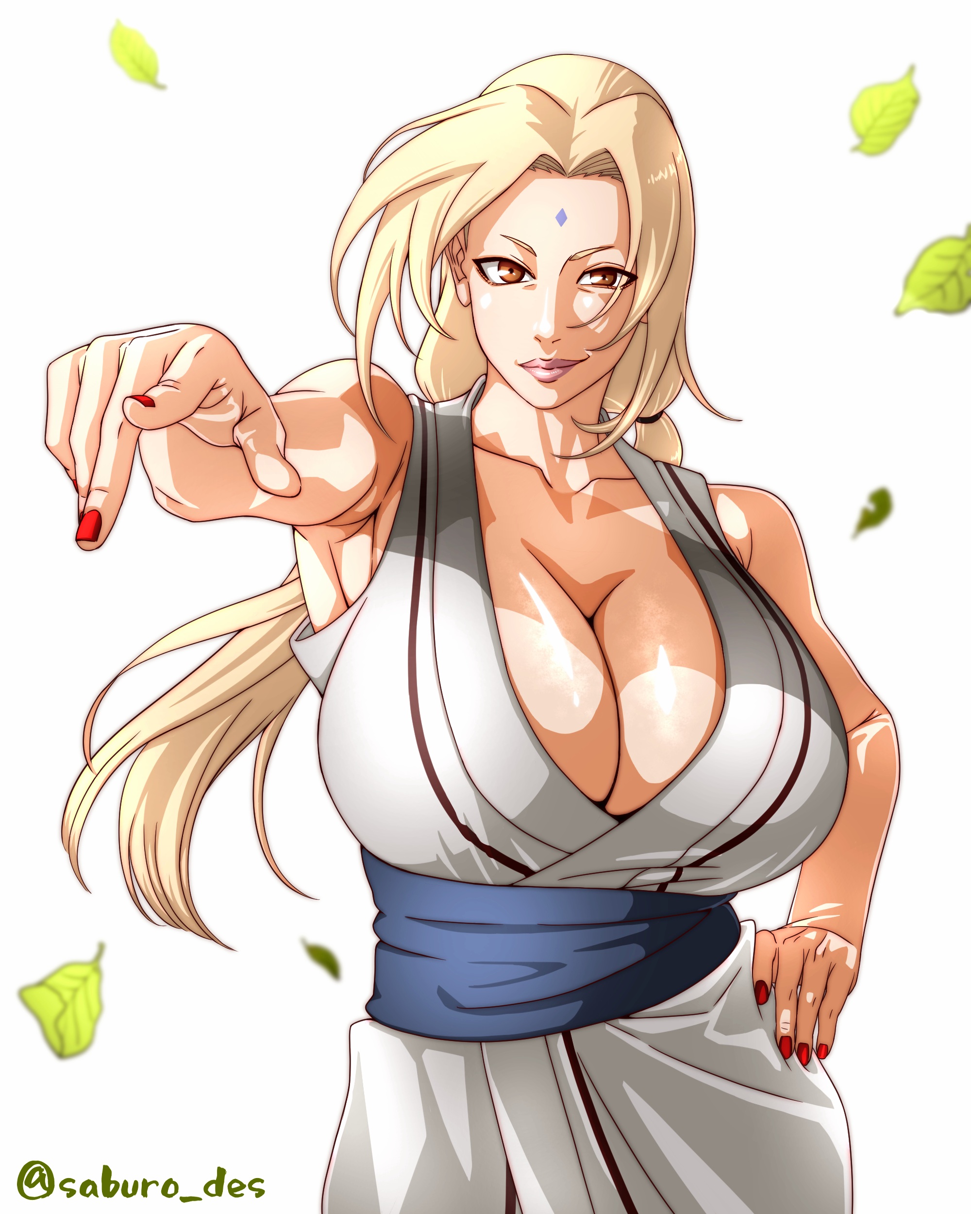 1girls, blonde hair, bouncing breasts, breasts, bursting breasts, cleavage, cleavage overflow, curtained hair, facial mark, female, female only, forehead mark, happi, highres, huge breasts, japanese clothes, kimono, mature female, milf, naruto, naruto (classic), naruto (series), naruto shippuden, saburo des, short eyebrows, signature, solo, tsunade, twitter username, unaligned breasts, voluptuous, white background, yellow eyes