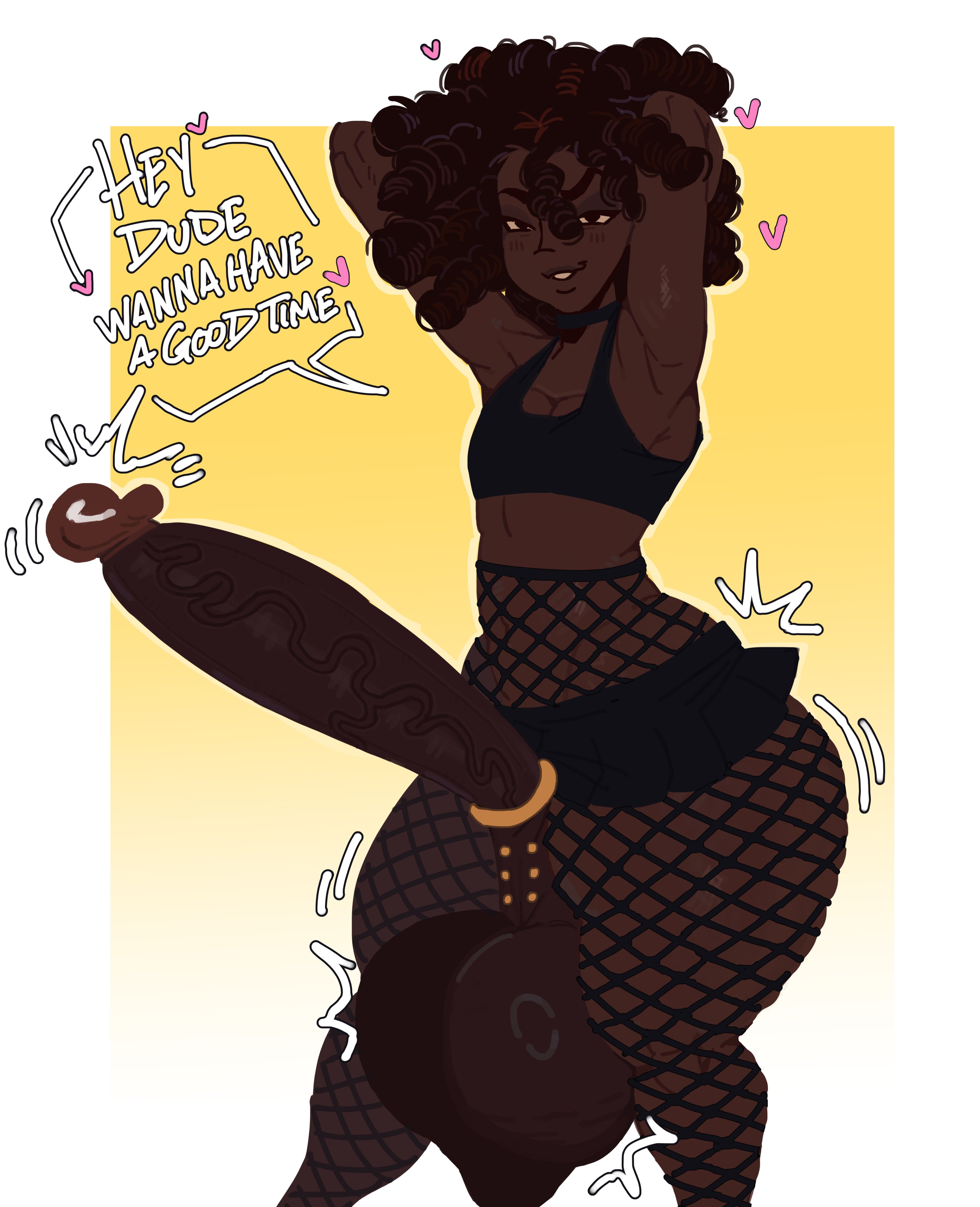 1boy, 1femboy, 2d, afro, balls, bottom heavy, bottom heavy femboy, cock ring, crop top, dark skin, dark-skinned femboy, dark-skinned male, dark-skinned sissy, ebony, excessive scrotal skin, fat ass femboy, femboy, femboy only, fishnet legwear, fishnets, gomikusatta, idris (beefynerdd), long penis, male, male only, penis, pierced balls, sagging balls, skirt, thick legs, thick thighs, thighs, very dark skin