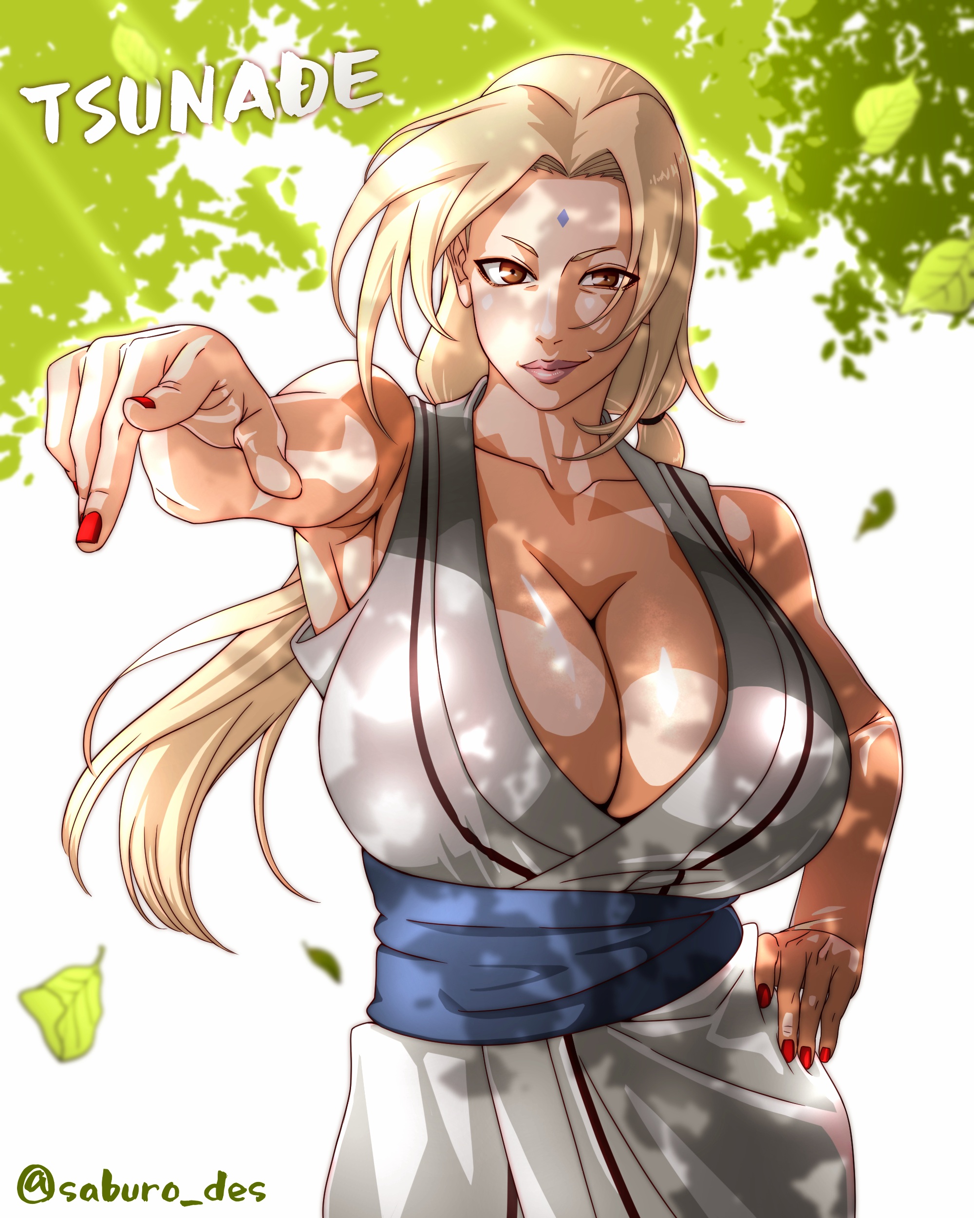 1girls, blonde hair, bouncing breasts, breasts, bursting breasts, cleavage, cleavage overflow, curtained hair, facial mark, female, female only, forehead mark, happi, highres, huge breasts, japanese clothes, kimono, mature female, milf, naruto, naruto (classic), naruto (series), naruto shippuden, saburo des, short eyebrows, signature, solo, tsunade, twitter username, unaligned breasts, voluptuous, white background, yellow eyes