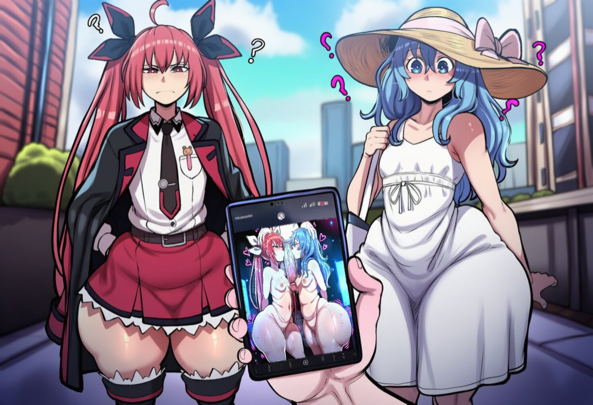 ai generated, big ass, blush, confused, date a live, female, himekawa yoshino, ishimo, itsuka kotori, light blue hair, nothing to see here, phone screen, pretending, red hair, sluts, small breasts, thick ass, thick hips, thick legs, thick thighs