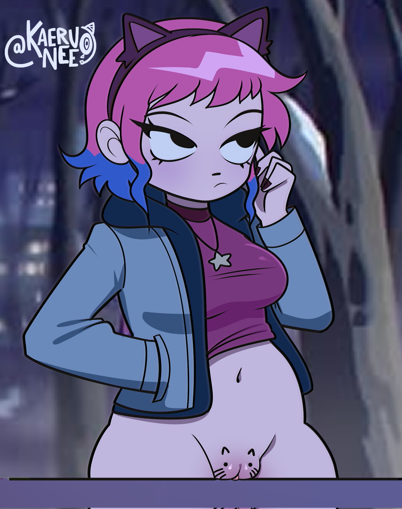 1girls, black eyes, bodypaint, brown nails, cat drawn on pussy, cat ears, cute, do you want to pet my cat (meme), female, hand up, kaerunee, light skin, light-skinned female, nail polish, necklace, open clothes, open jacket, partially clothed, pendant, pink hair, purple hair, ramona flowers, scott pilgrim, shaved pussy, short hair, solo, solo female, star, two-tone hair