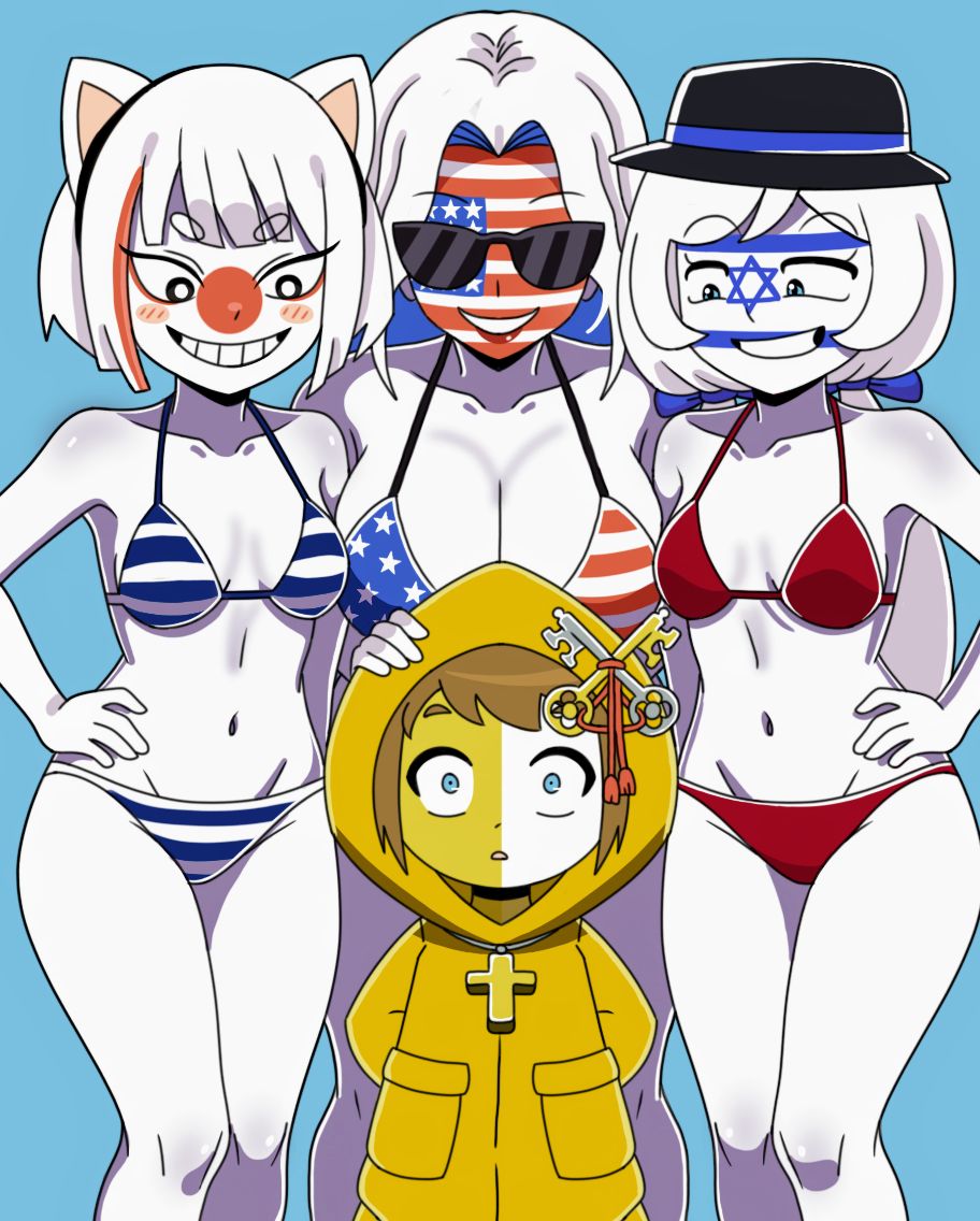 4girls, bikini, content farm channels, countryhumans, countryhumans girl, countryhumans mrtie, countryhumans stategirls, israel (countryhumans), japan (countryhumans), mrtieanimations, united states of america (countryhumans), vatican city (countryhumans), why