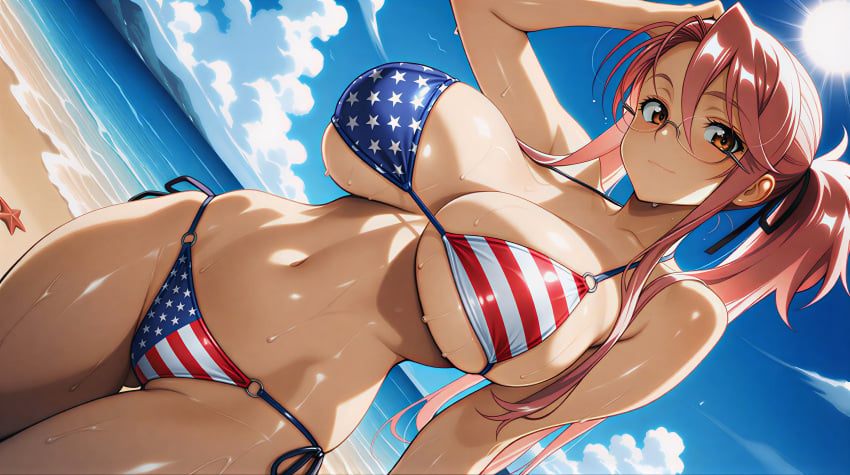 1girls, ai generated, american flag bikini, beach, female, glasses, highschool of the dead, looking at viewer, pink hair, saya takagi, tagme, wet, wet body
