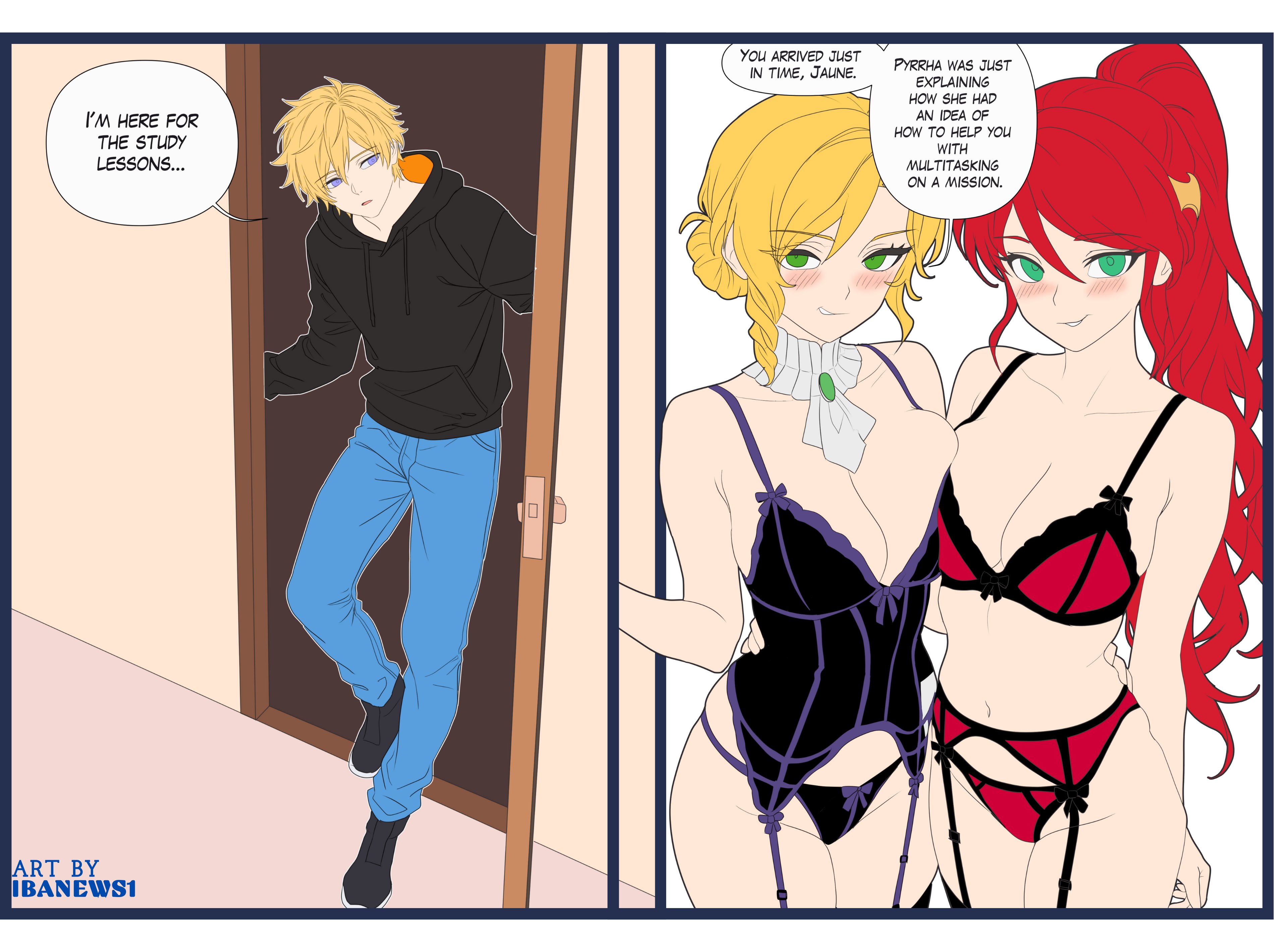 1boy, 2girls, blonde hair, bra, comic, comic page, garter belt, garter straps, glynda goodwitch, ibanews1, jaune arc, lingerie, panties, pyrrha nikos, red hair, rwby, tagme
