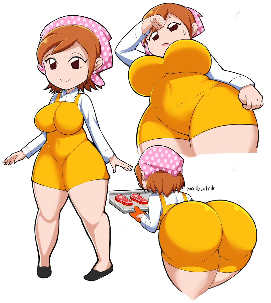 1girls, allbeatnik, apron, ass, ass shot, bandana, bent over, big ass, big breasts, breasts, brown eyes, brown hair, bubble ass, bubble butt, clothing, cooking mama, female, female only, food, footwear, full body, gloves, hair, handwear, headwear, hips, huge ass, legs, low-angle view, mama (cooking mama), mature, mature female, mature woman, milf, mittens, mother, shirt, smile, solo, solo female, sweat, sweatdrop, thighs, tray, white background, white shirt, wide hips, yellow apron