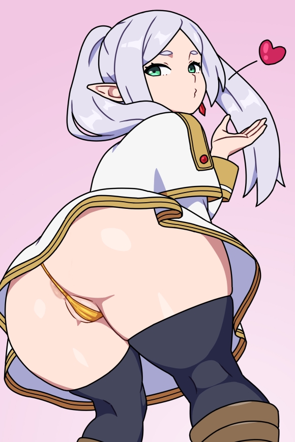 1girls, anus, anus peek, ass, ass focus, back view, big ass, bubble ass, bubble butt, clothing, earrings, elf, elf ears, elf female, female, female focus, frieren, from behind, gold trim, huge ass, kabeume, legwear, light skin, light-skinned female, long hair, long sleeves, panties, plump, pointy ears, presenting ass, ready for sex, silver hair, solo, solo female, sousou no frieren, standing, tagme, thick ass, thick thighs, thighs, thong, twintails, white hair, wide hips