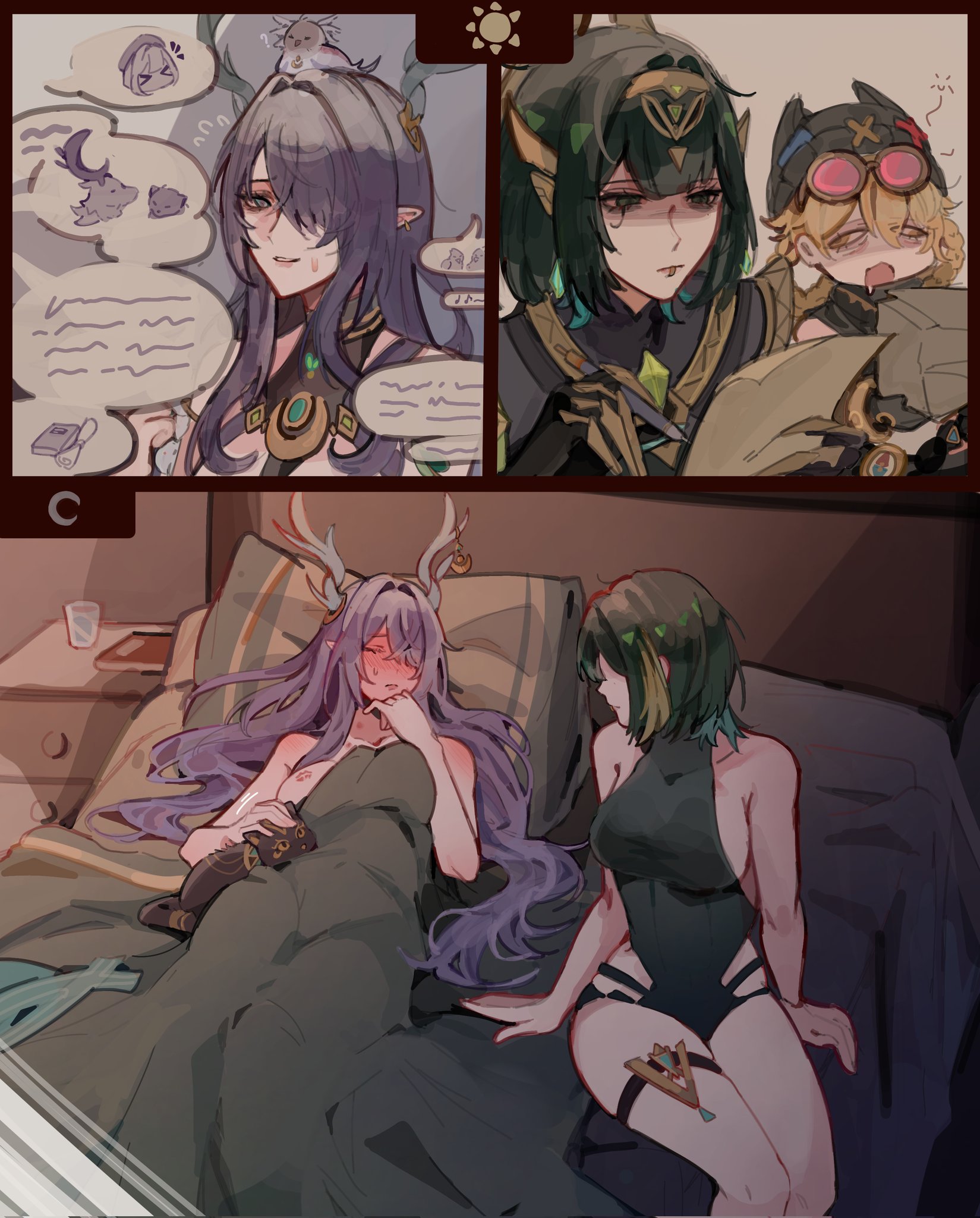 2girls, bed, bed sheet, blush, body outline, breasts, clothed, clothing, covering, covering body, covering breast, eni (enidaisy69), feline, genshin impact, lauma (genshin impact), nefer (genshin impact), nude female, slice of life, tagme, thigh strap, thighs, yuri