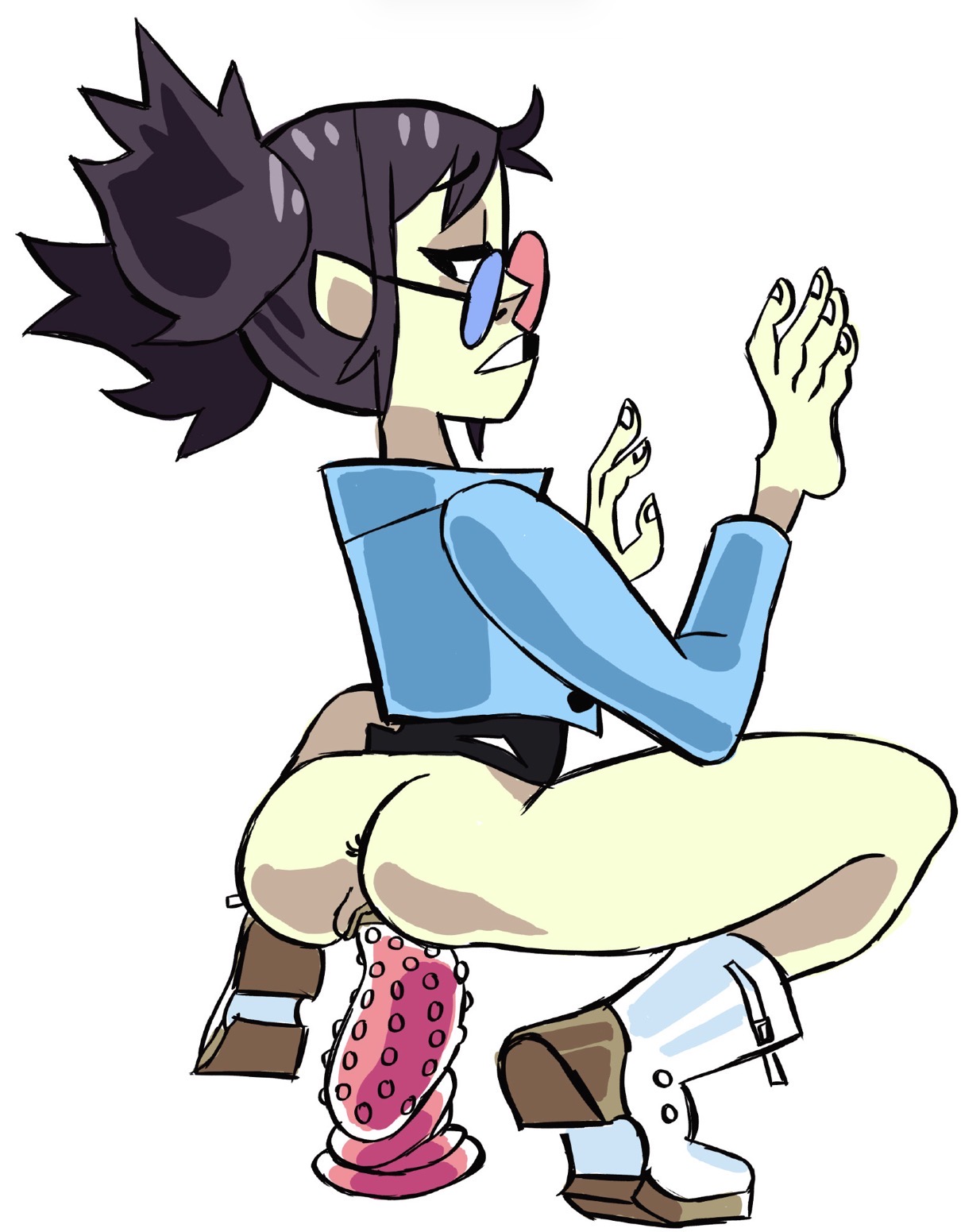1girls, asian, asian female, azookara, black hair, boots, dildo, dildo in pussy, furcoat, glasses, gorillaz, hands on wall, masturbation, moaning, mostly clothed, mostly nude female, noodle (gorillaz), noodle (saturnz barz), solo, solo female, squatting