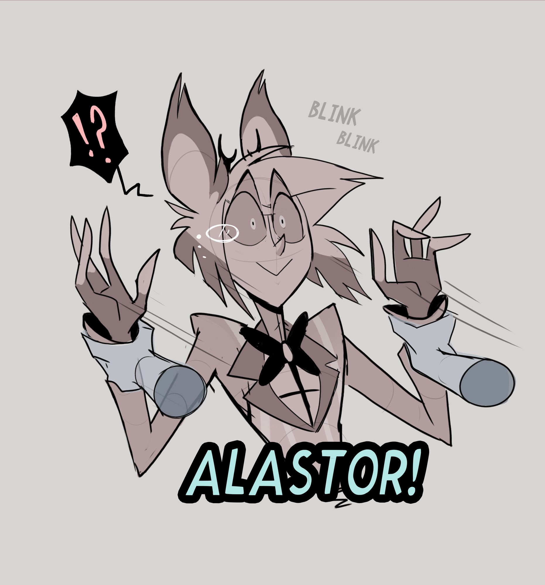 !?, 2boys, alastor (hazbin hotel), confusion, craxkers, dialogue, english, english text, grabbing hands, hazbin hotel, hellaverse, male, male only, offscreen character, offscreen male, open eyes, past self, smiling, stop, suprised eyes, vox (hazbin hotel), yaoi, yelling
