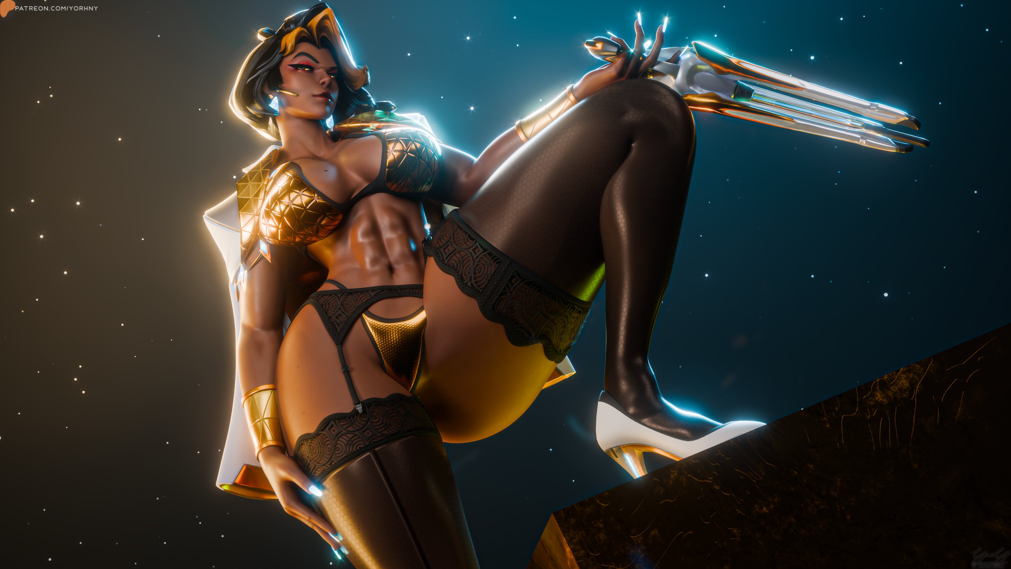 3d, ass, big breasts, black hair, blonde hair, boobs, breasts, child bearing hips, curvy female, dark-skinned female, domina, female, female only, indian female, lingerie, multicolored hair, overwatch, overwatch 2, sexy body, sexy pose, short hair female, thigh highs, vaira singhania, voluptuous female, yorhny