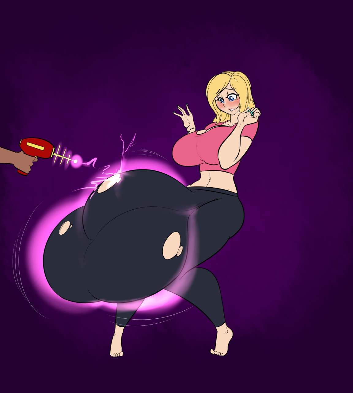 balls, blonde hair, breasts, bulge, embarrassed, futanari, huge balls, huge breasts, huge cock, hyper, hyper balls, hyper penis, intersex, penis, transformation